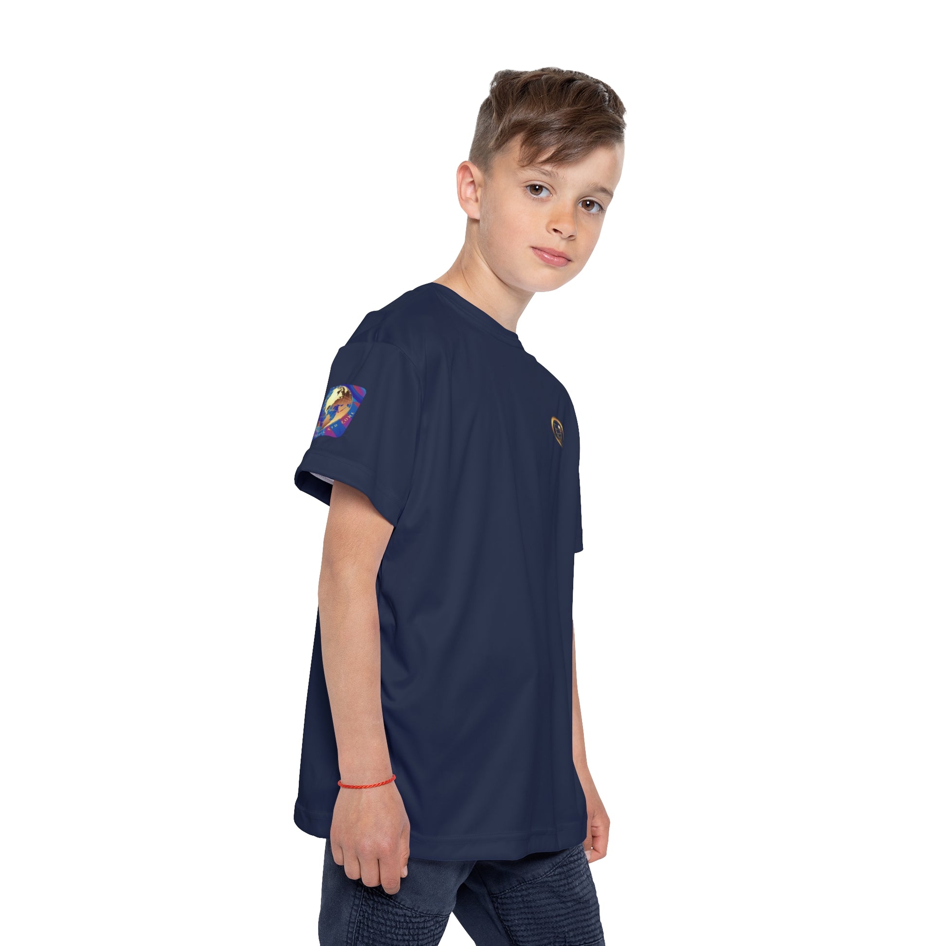 Child wearing a navy blue t-shirt with colorful designs on a white background
