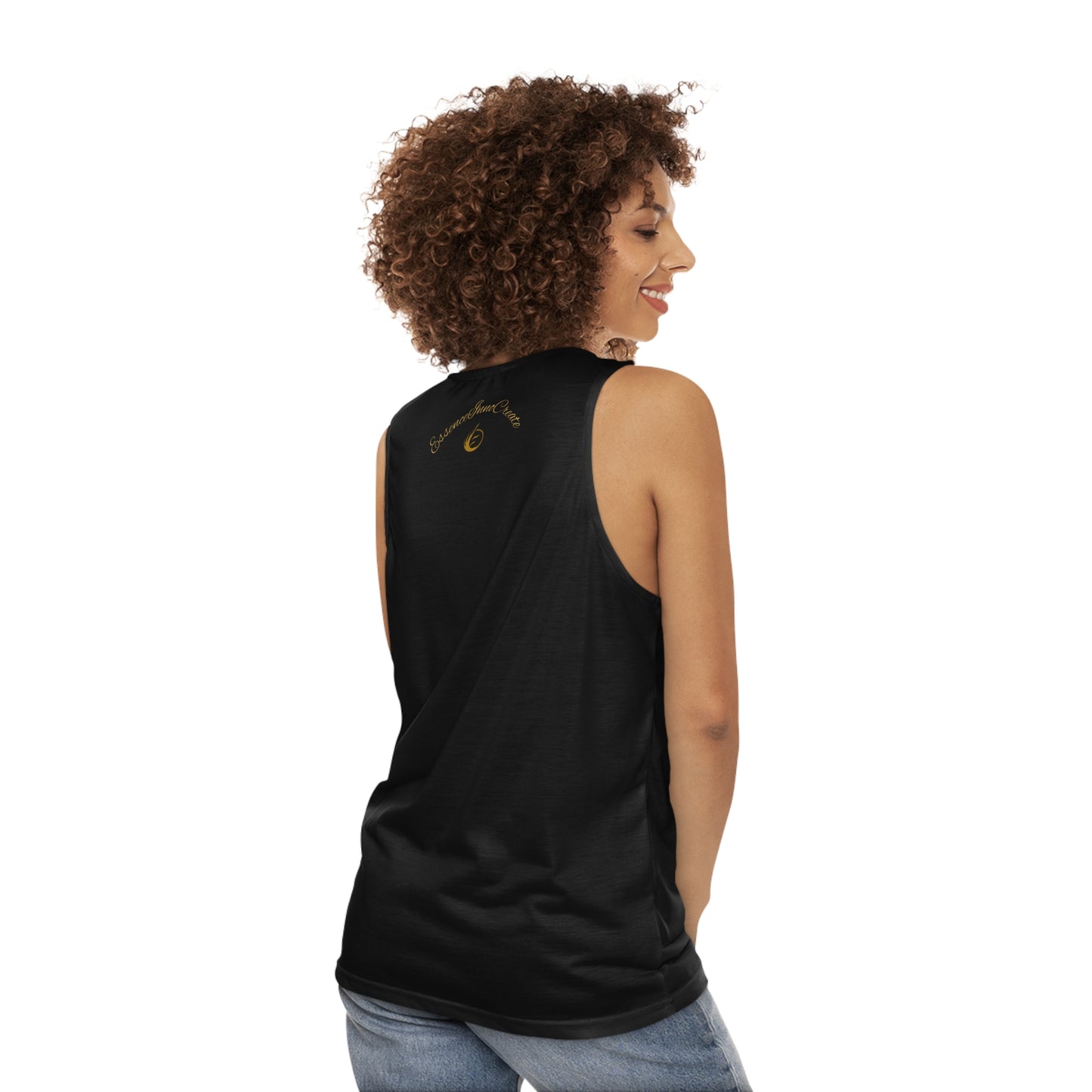 Woman wearing a black EssenceInnoCreate sleeveless top on a white background