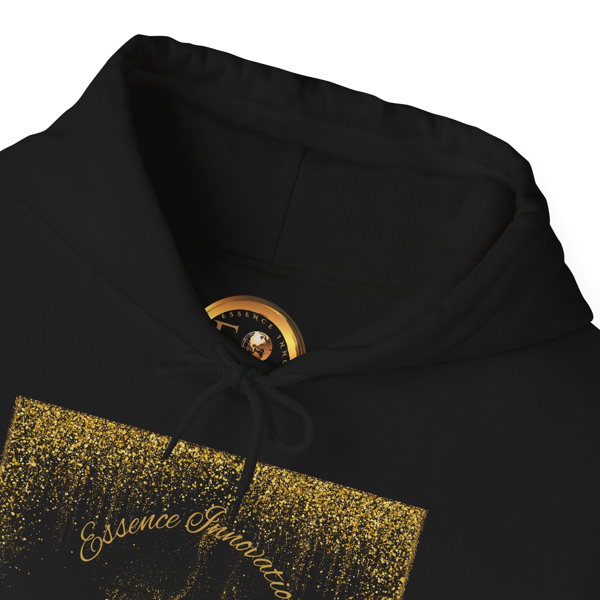 Black hoodie with gold glittery Essence Innovation 'Design Meets Soul' text and logo on a white background