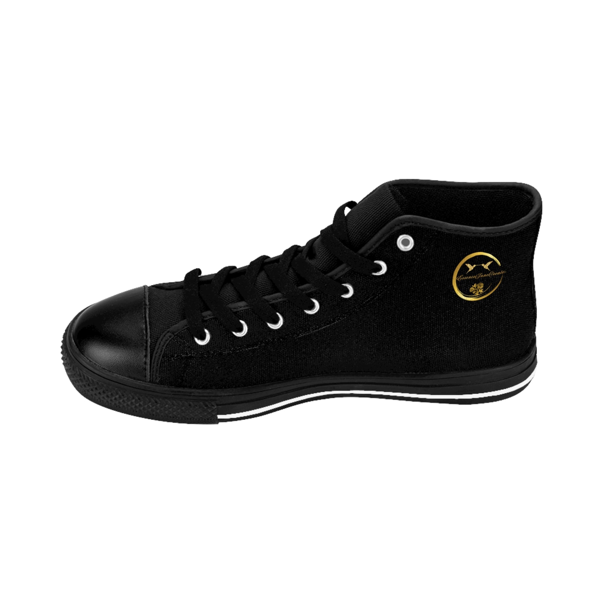 Black high-top 'EssenceInnoCreate' sneaker with yellow text on a white background