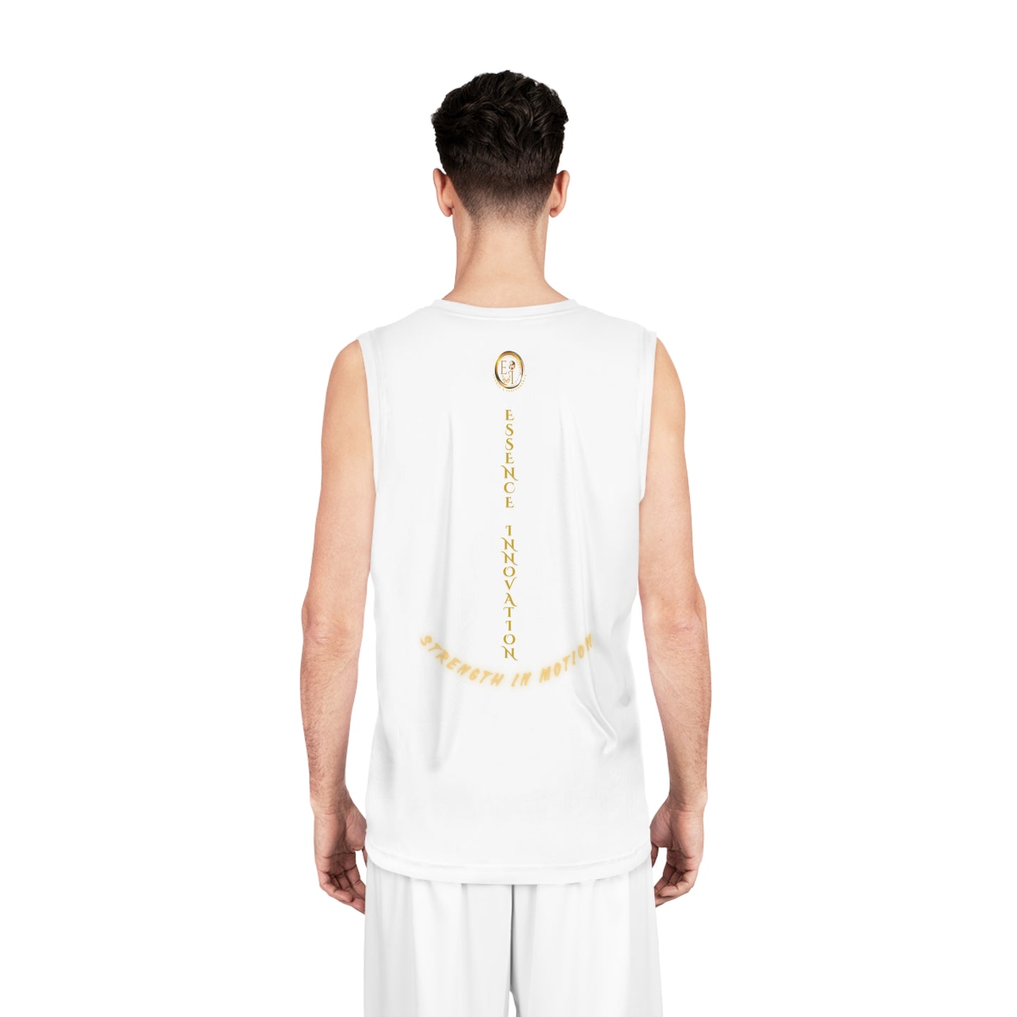 Person wearing a white sleeveless shirt with yellow text on the back, standing against a white background