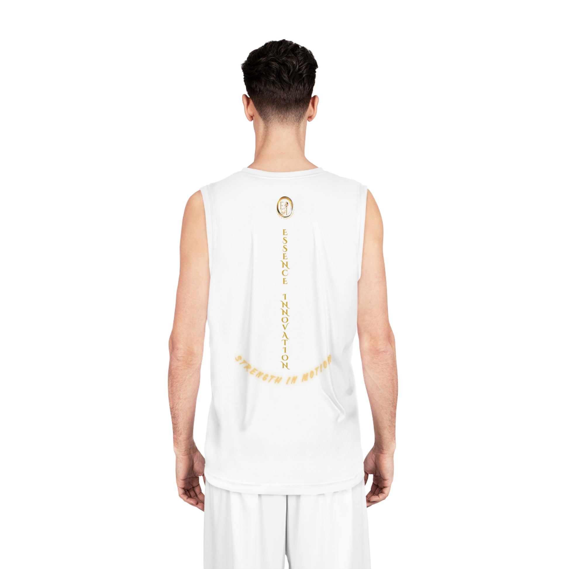 Person wearing a white sleeveless shirt with yellow text on the back, standing against a white background