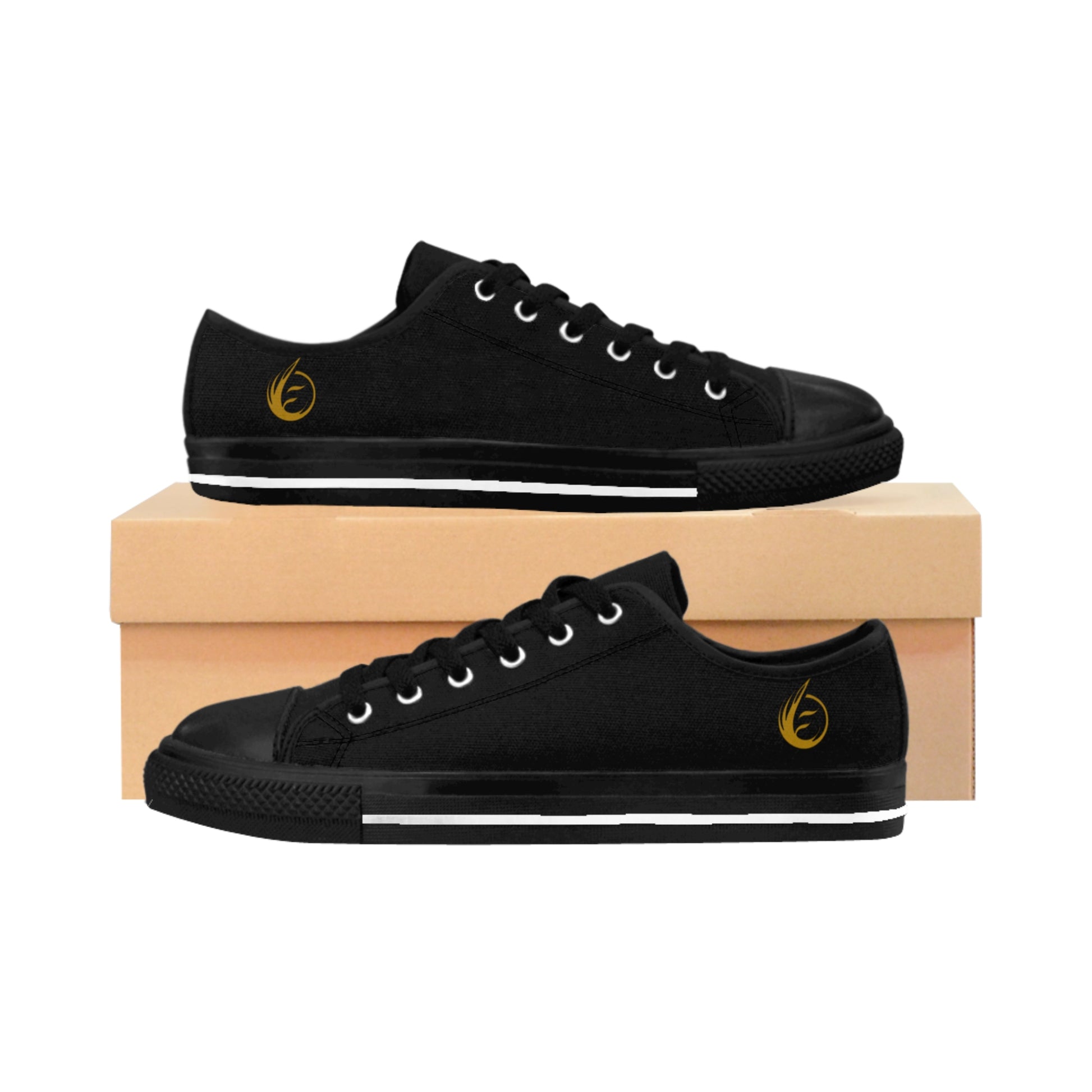 Black EssenceInnoCreate sneakers with white laces on a beige box against a white background