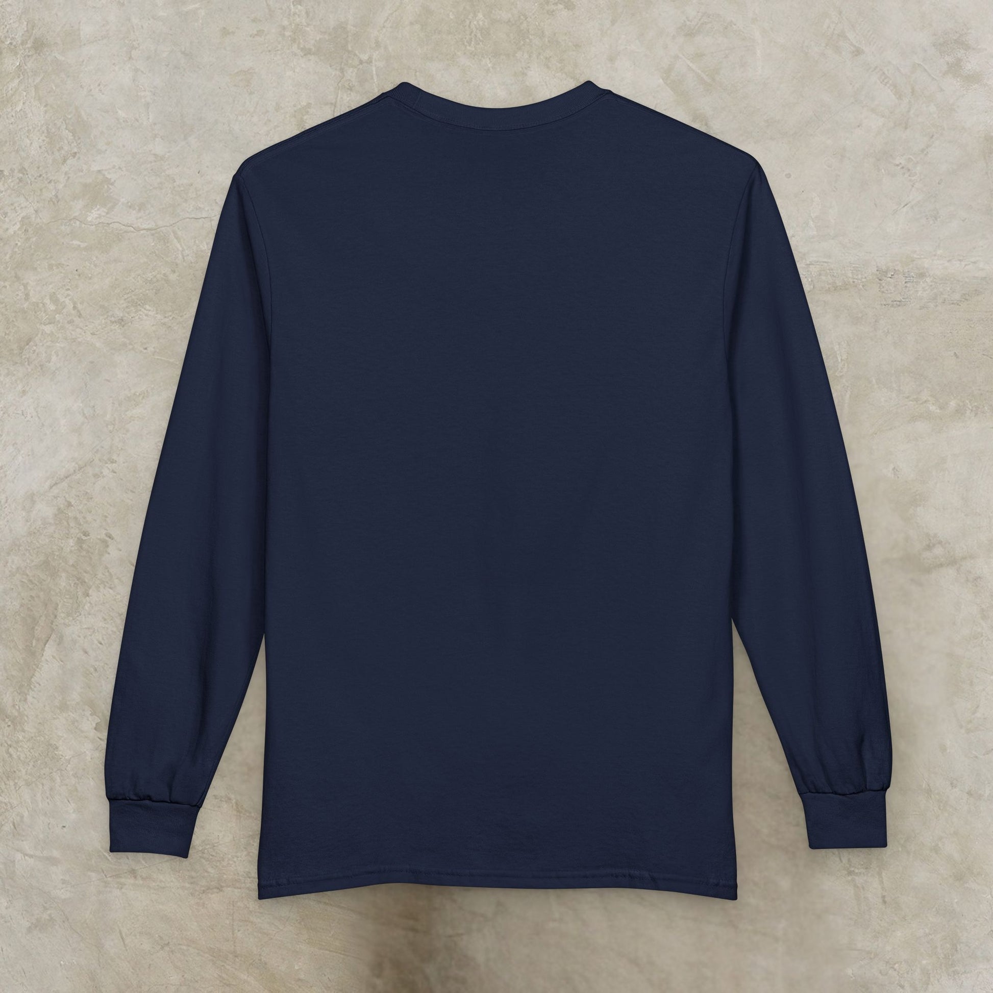 Navy blue Essence Innovation 'Design Meets Soul' long-sleeve shirt on a beige textured background