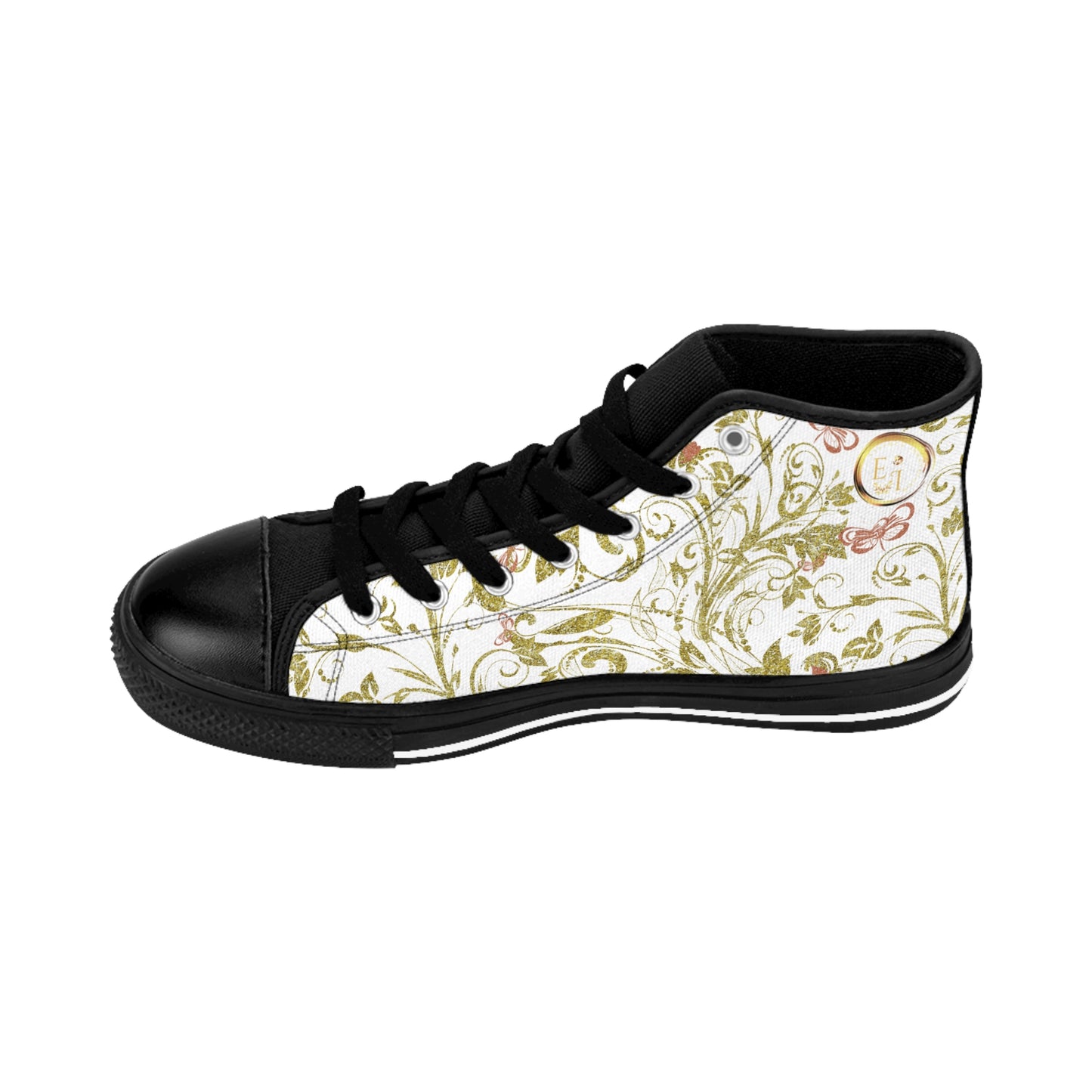 Black Essence Innovation high-top sneakers with floral pattern on a white background