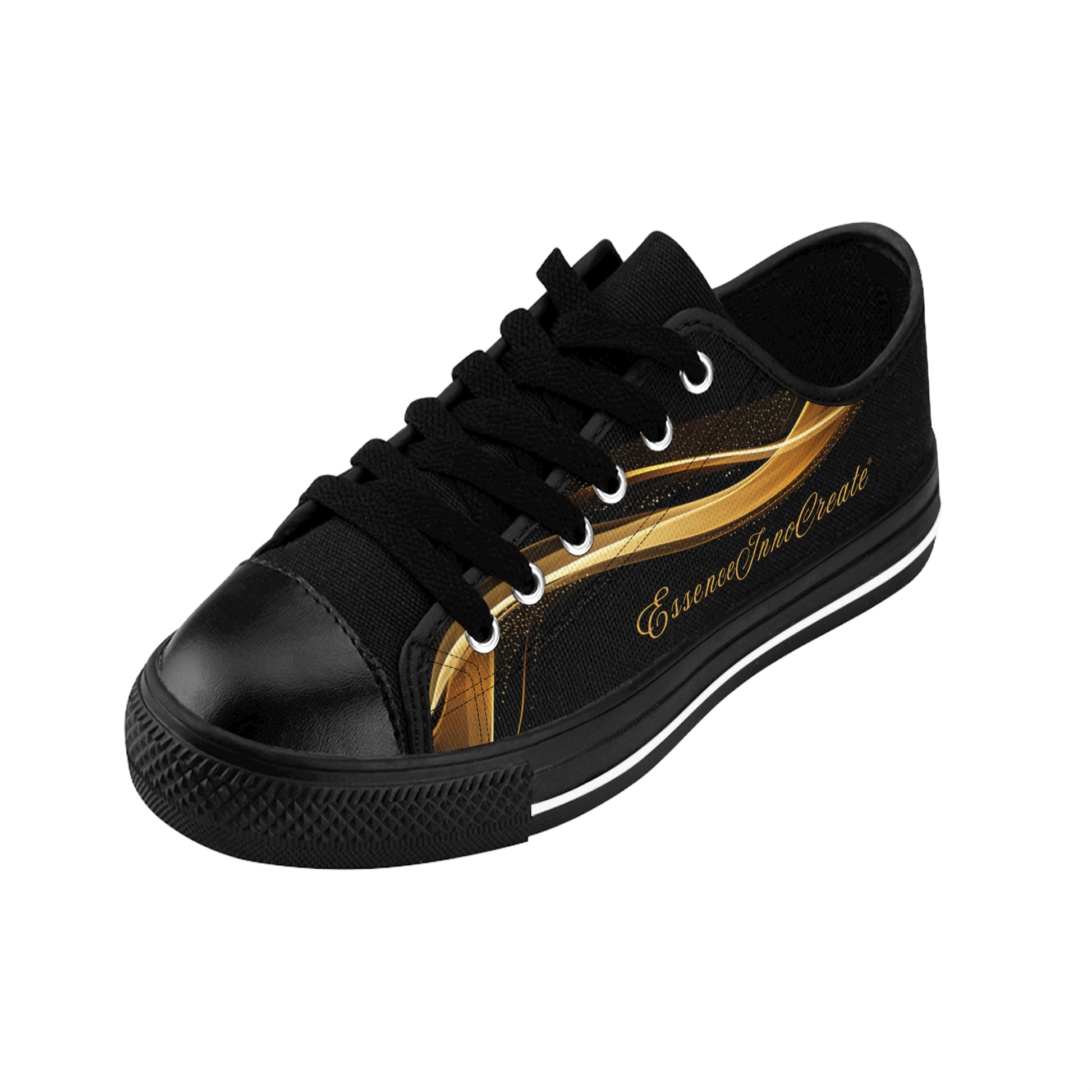 Black 'EssenceInnoCreate' sneaker with gold accents on a white background