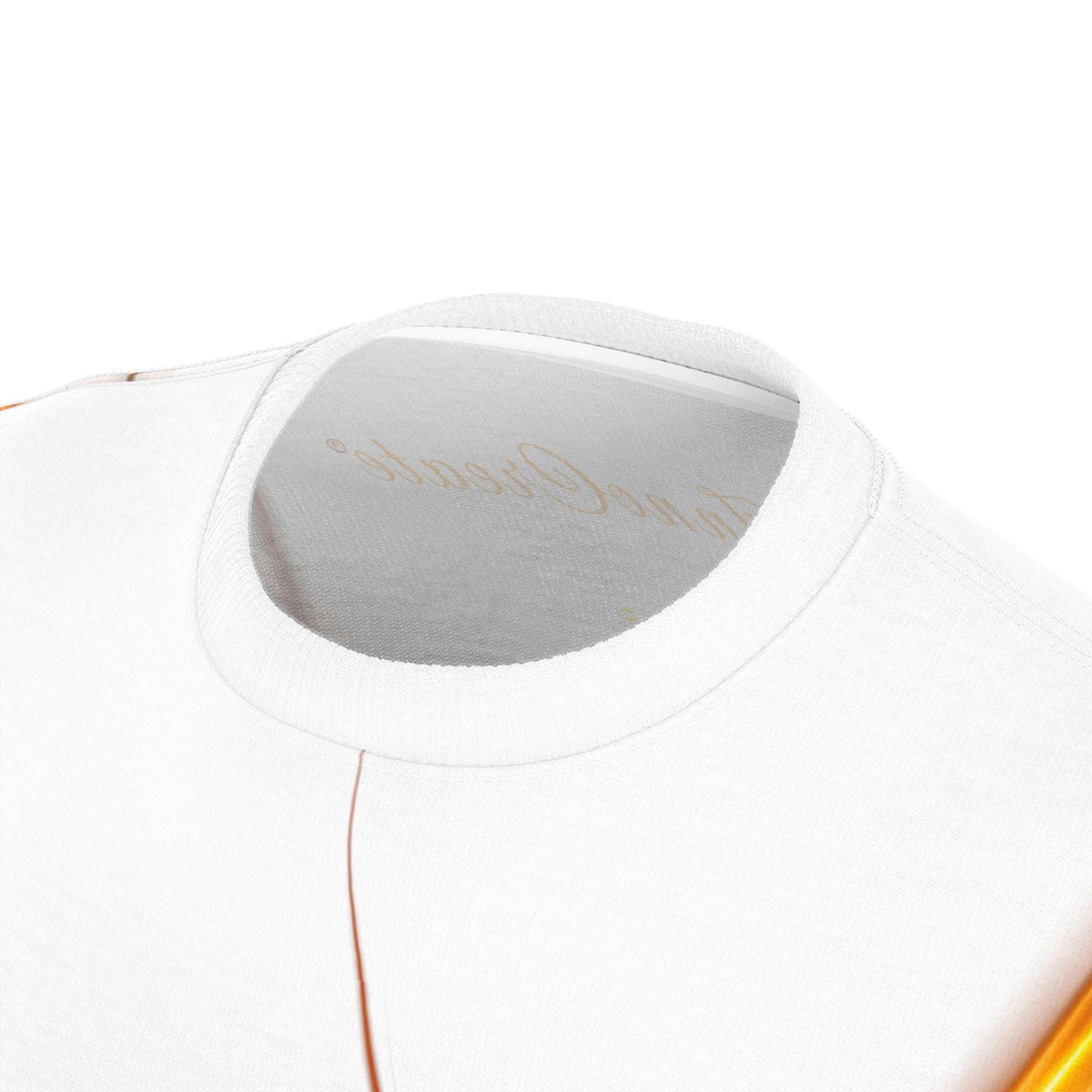 Close-up of a white EssenceInnoCreate t-shirt with a brand logo on a white background