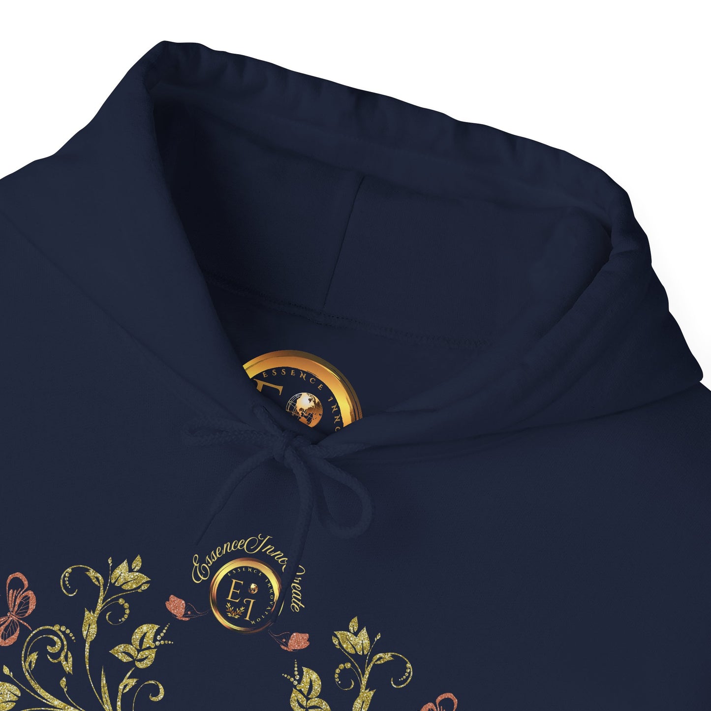 Navy blue hoodie with floral Essence Innovation Bohemian Butterfly Crest design and logo on a white background