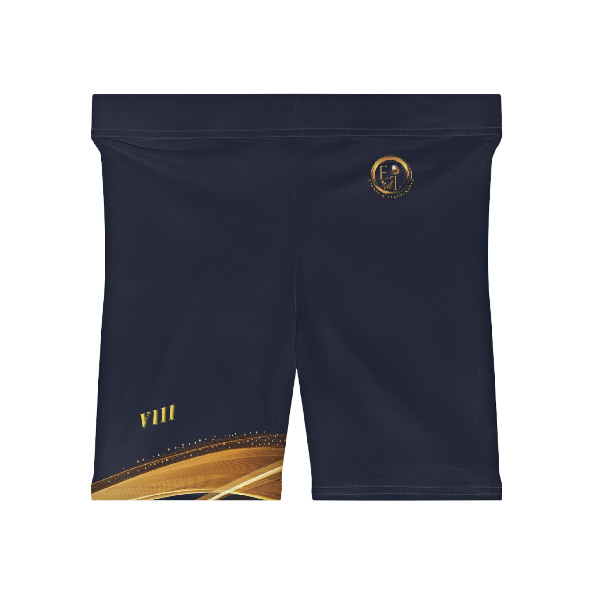 Essence Innovation Navy shorts with gold accents and a logo on a white background