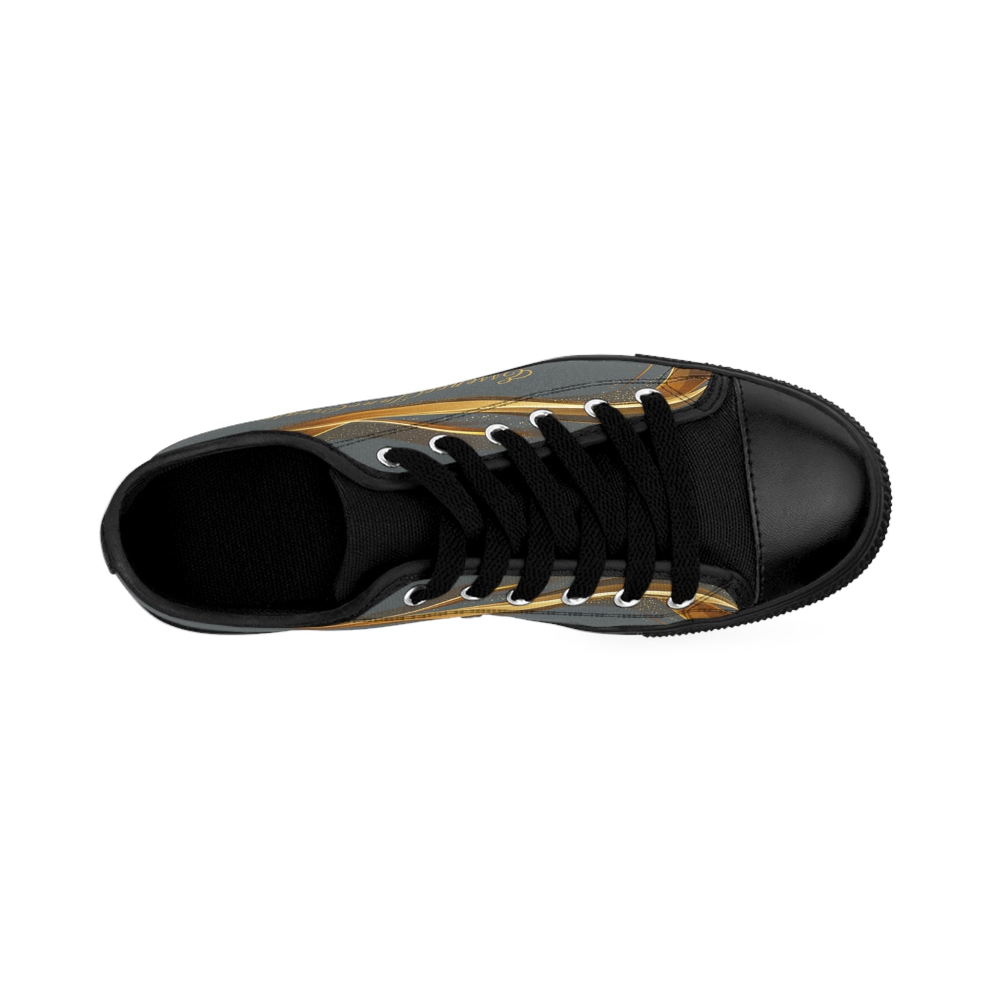 Black and gold 'EssenceInnoCreate' sneaker on a white background