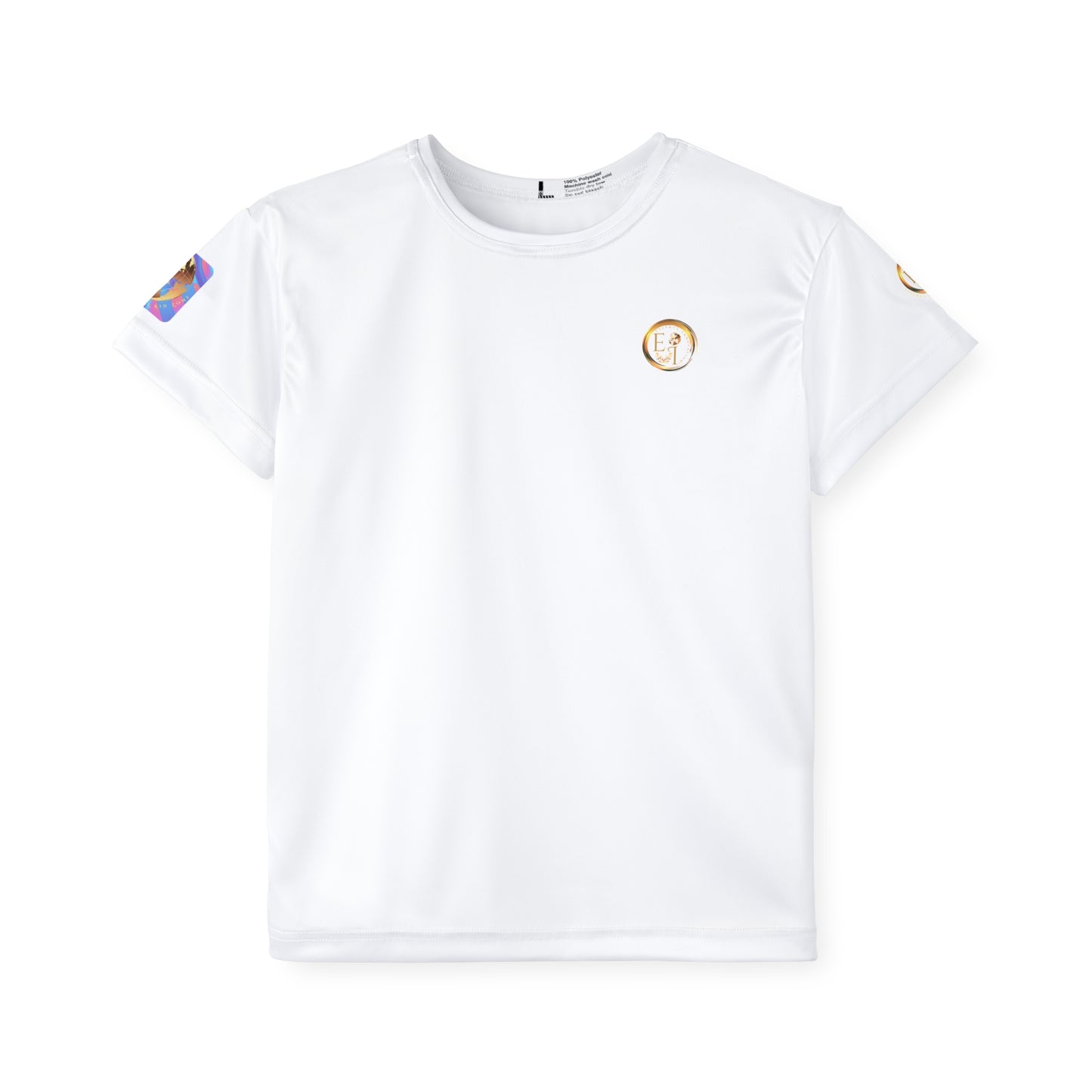 White t-shirt with colorful designs on a white background