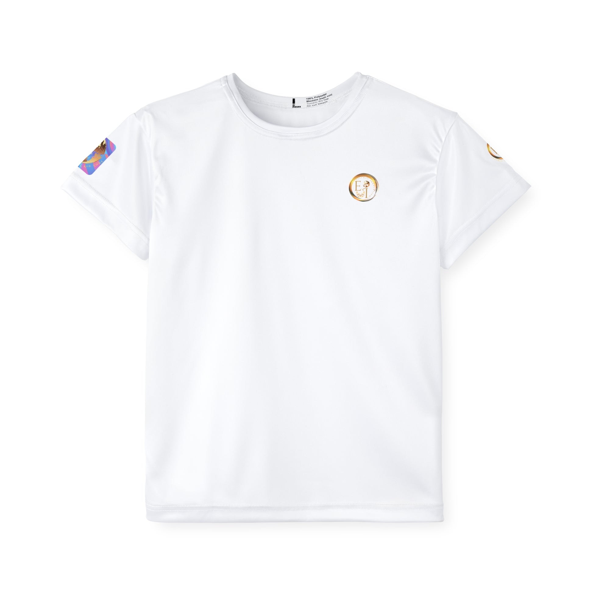 White t-shirt with colorful designs on a white background