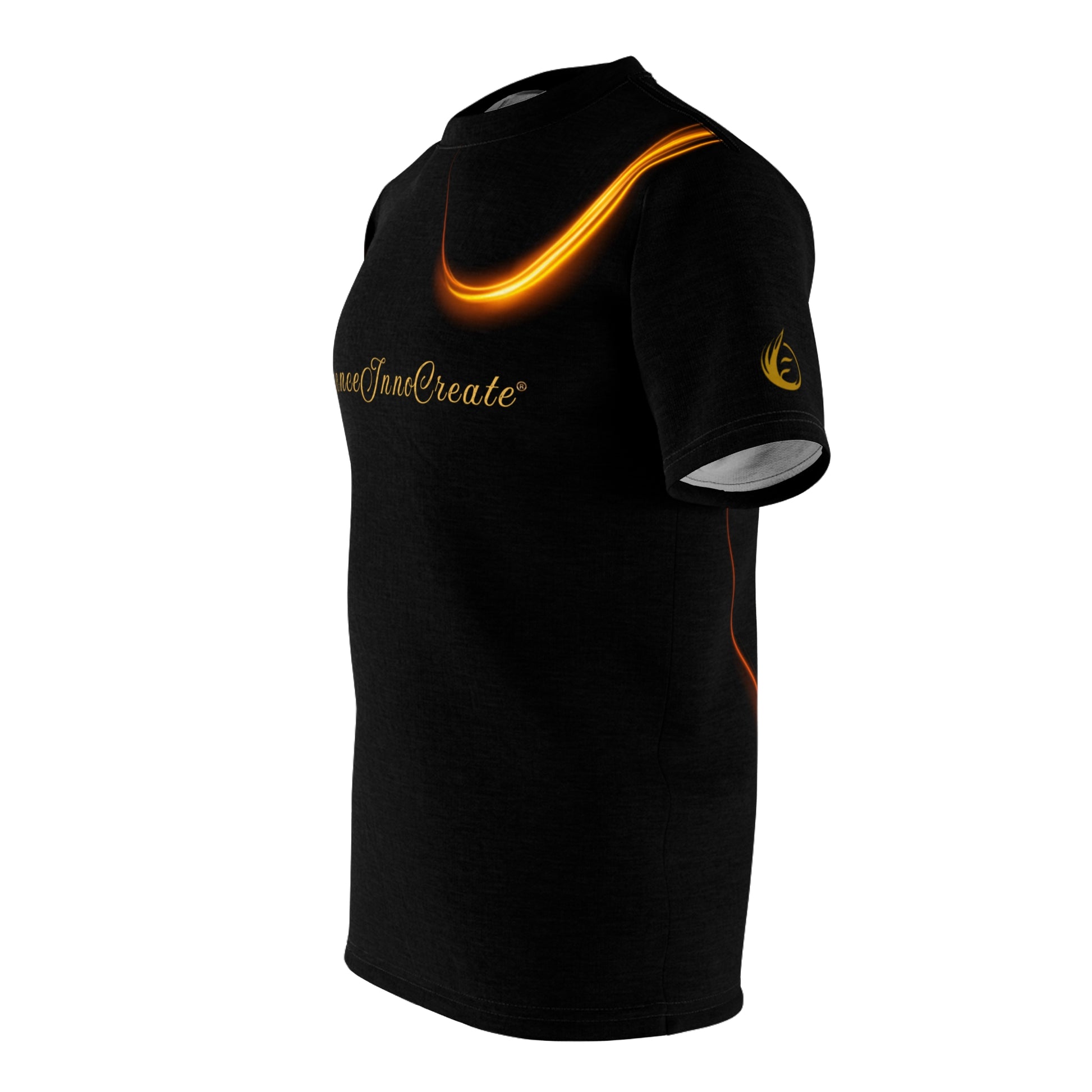 Black 'EssenceInnoCreate' t-shirt with orange accents and branding on a white background
