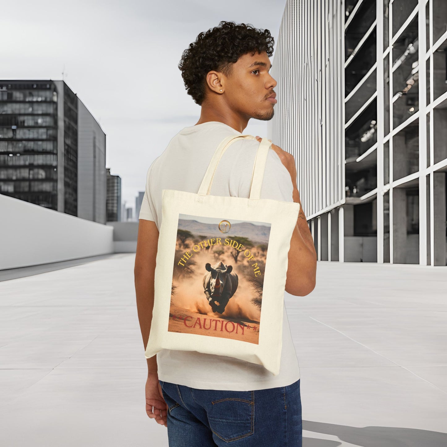 Caution Rhino Cotton Canvas Tote Bag, Eco-Friendly Shopping Bag, Animal Lovers Gift, Beach Tote, Adventure Carryall