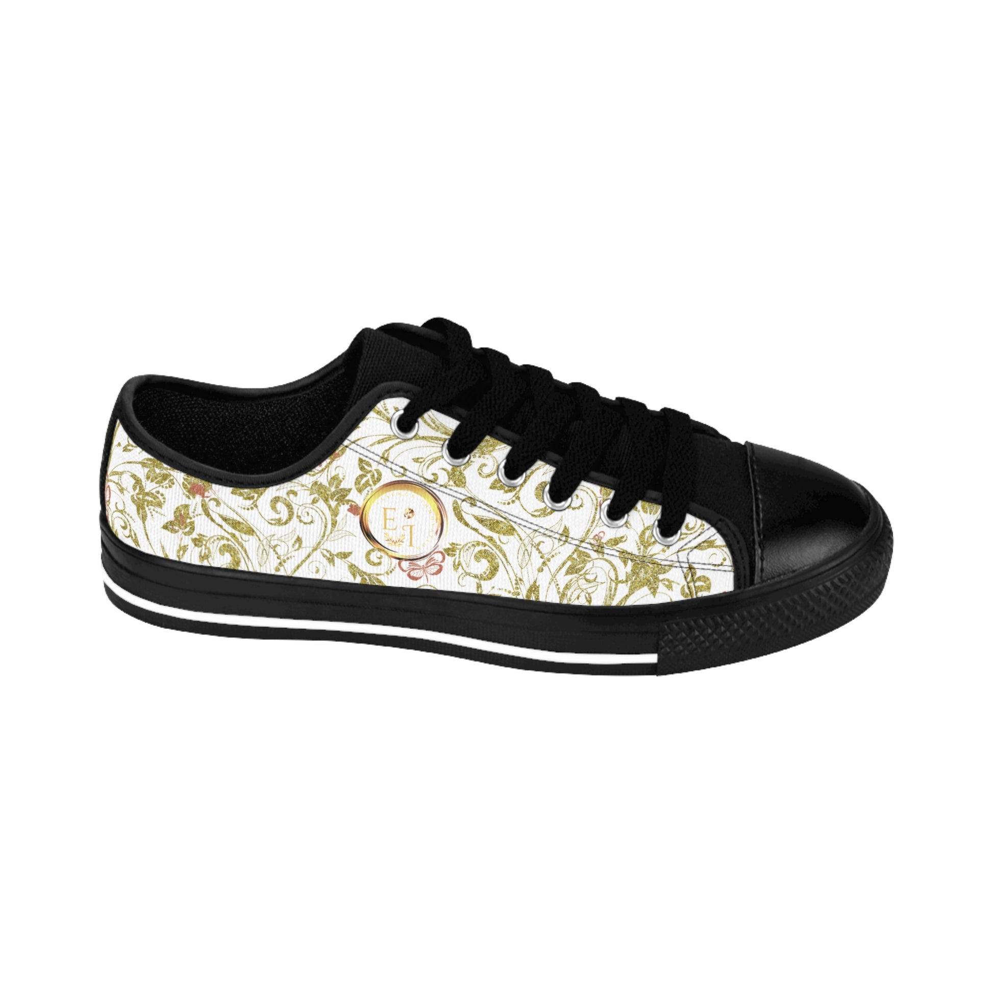 Black Essence Innovation sneaker with floral pattern on a white background