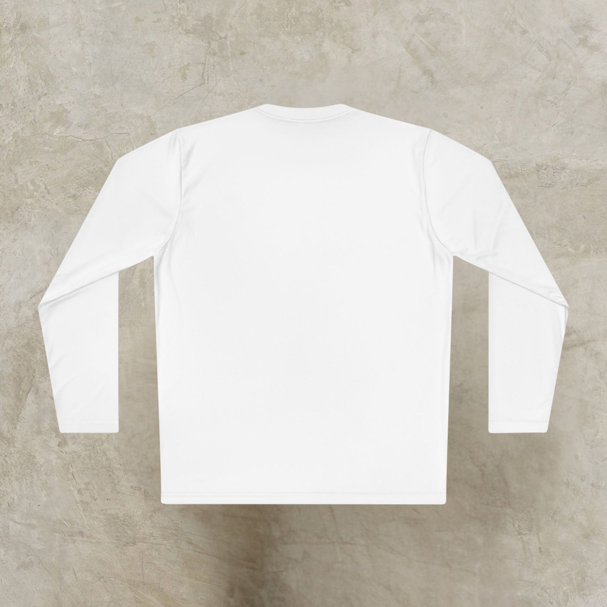 White long-sleeve 'EssenceInnoCreate' shirt on a beige concrete background