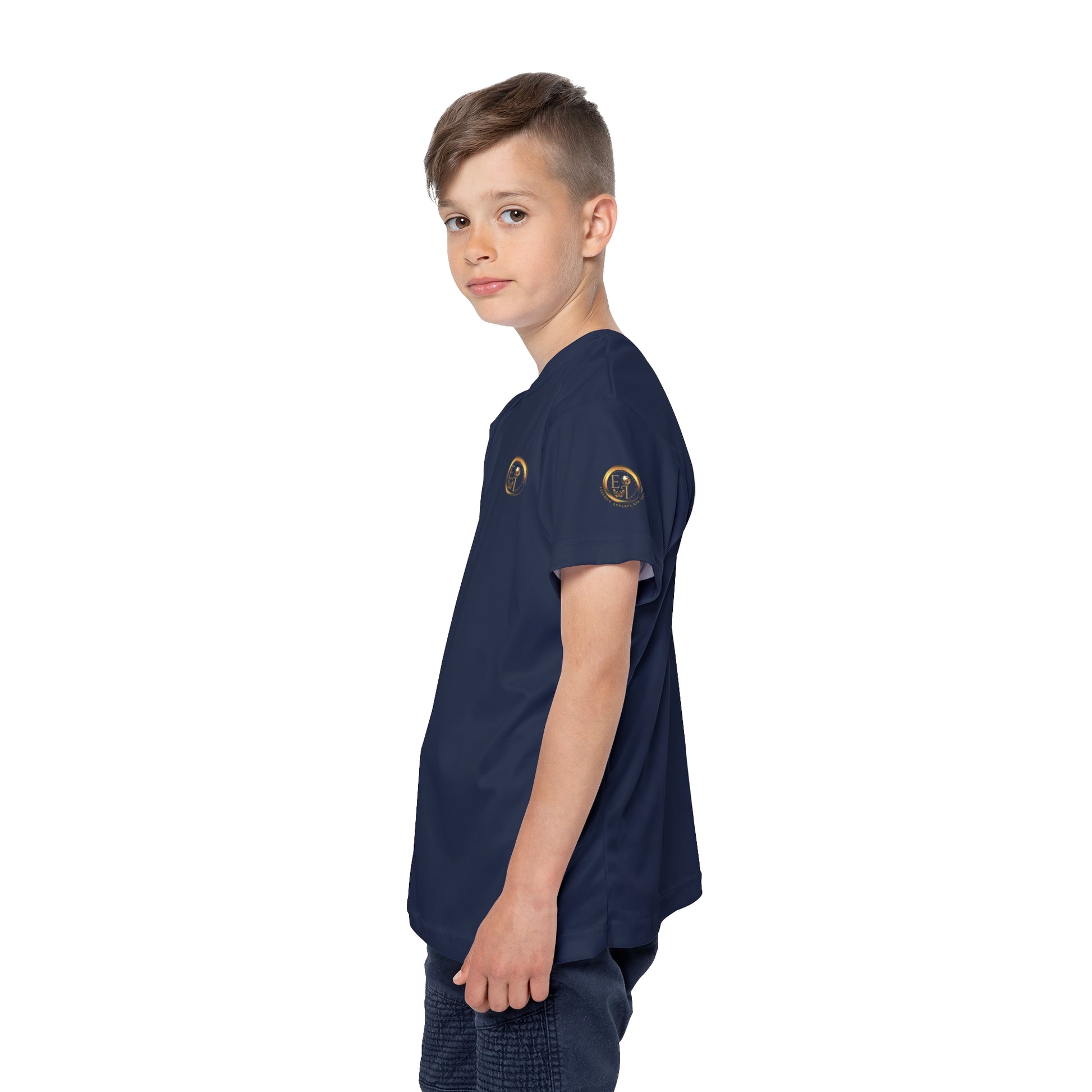 Child wearing a navy blue t-shirt with gold accents on a white background
