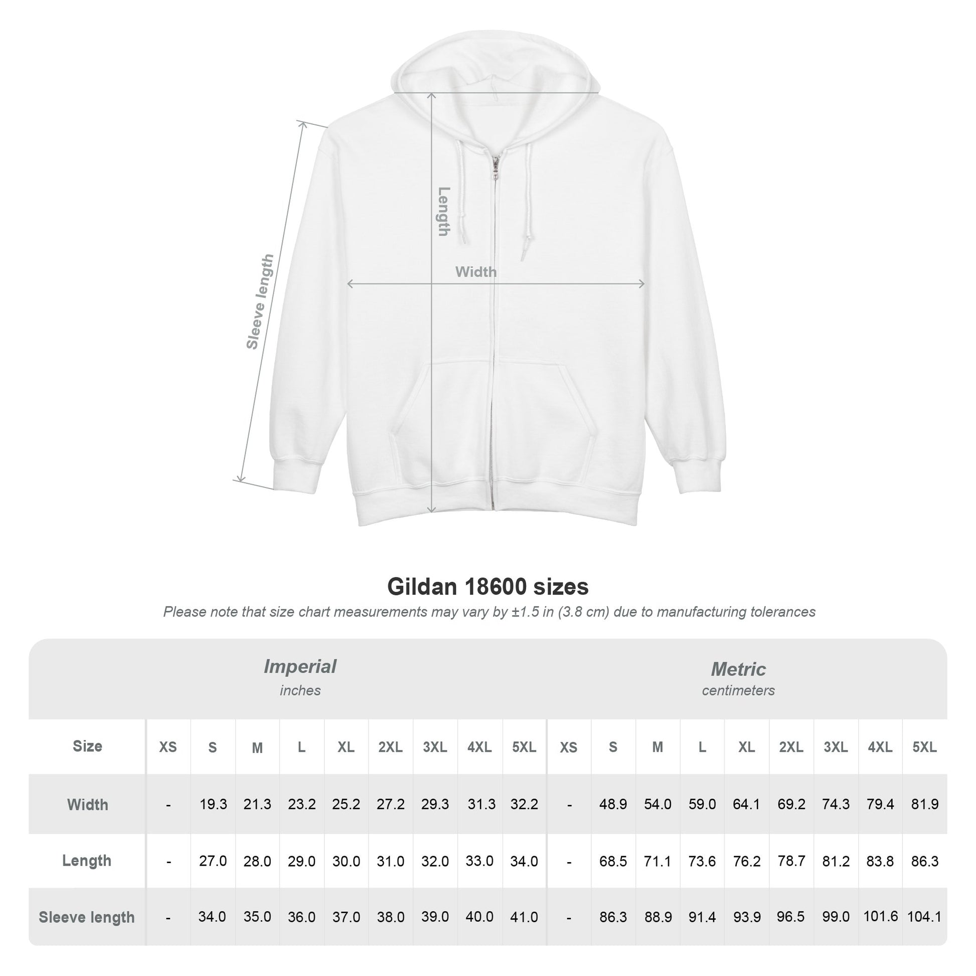 White Essence Innovation 'One Life' hoodie with measurement chart on a white background