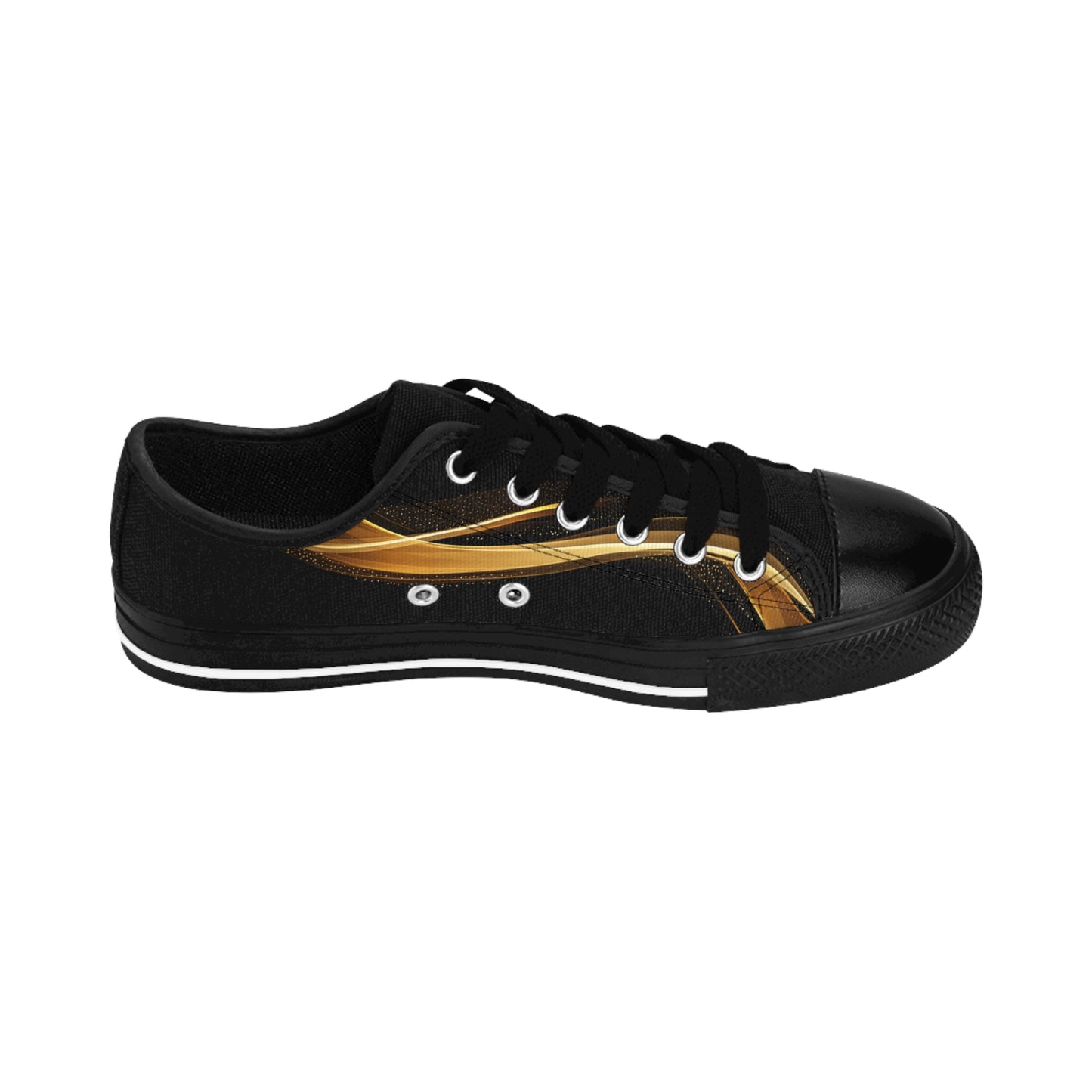 Black 'EssenceInnoCreate' sneaker with gold accents on a white background