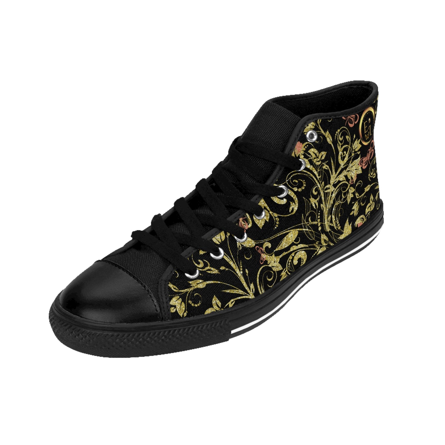 Black Essence Innovation high-top sneaker with gold floral pattern on a white background