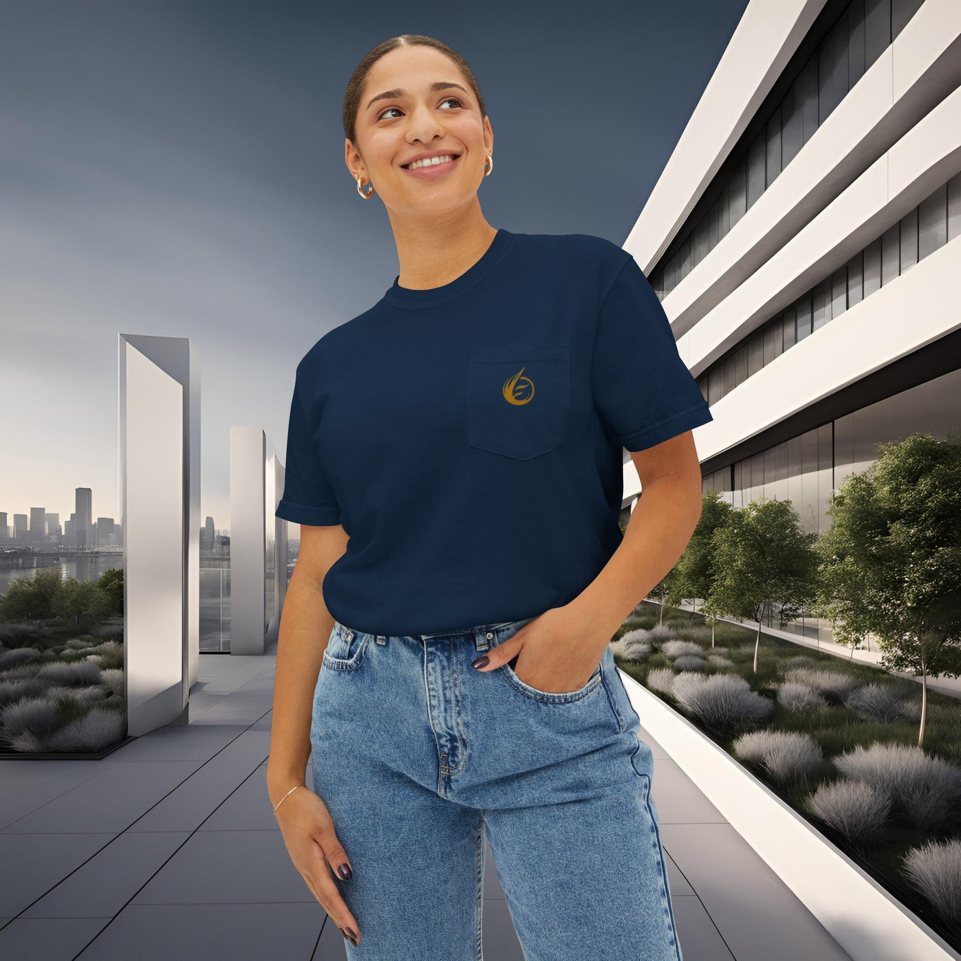 Person wearing a navy blue t-shirt with 'EssenceInnoCreate' logo in an urban setting