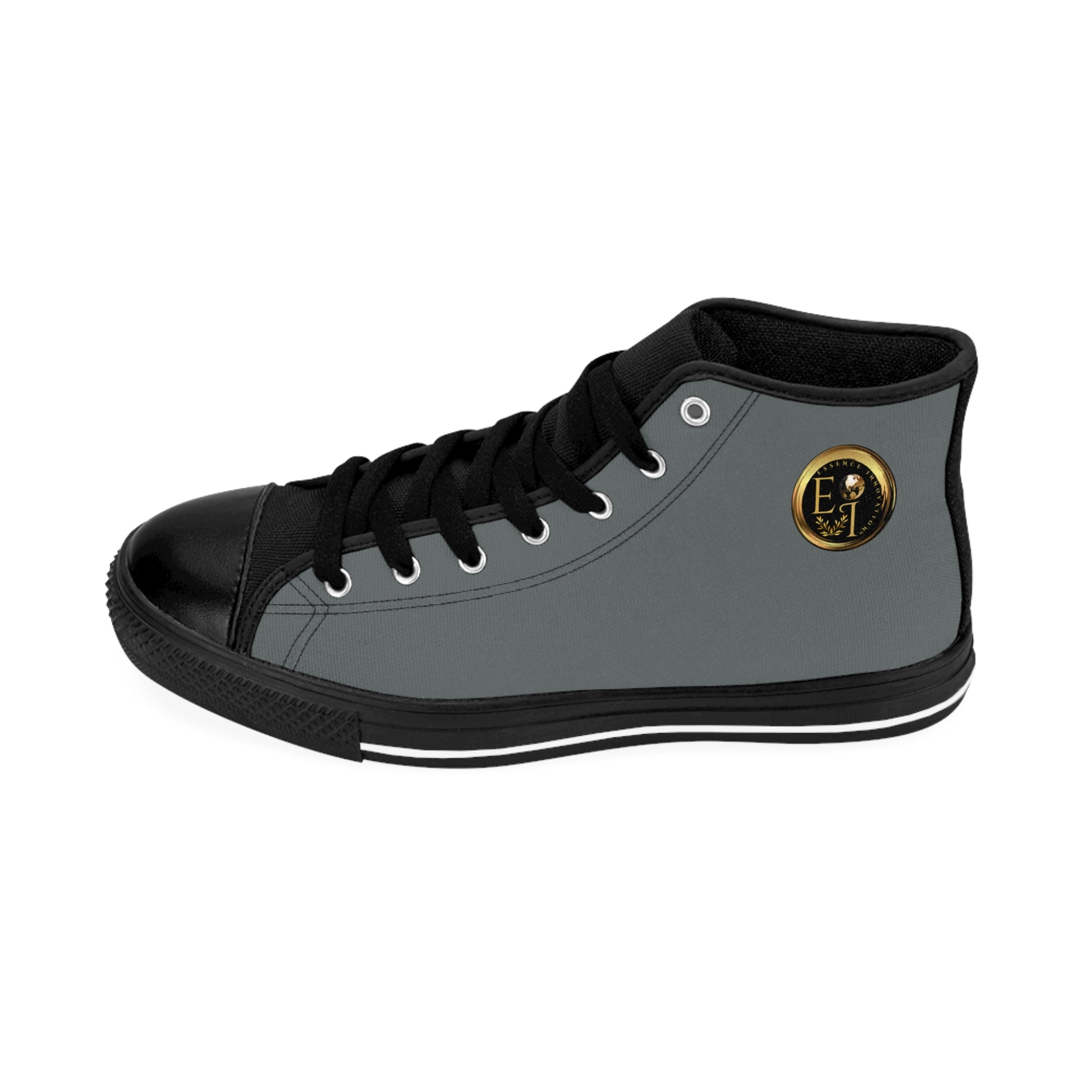 Gray high-top 'Essence Innovation' sneaker with black laces and a gold logo on a white background