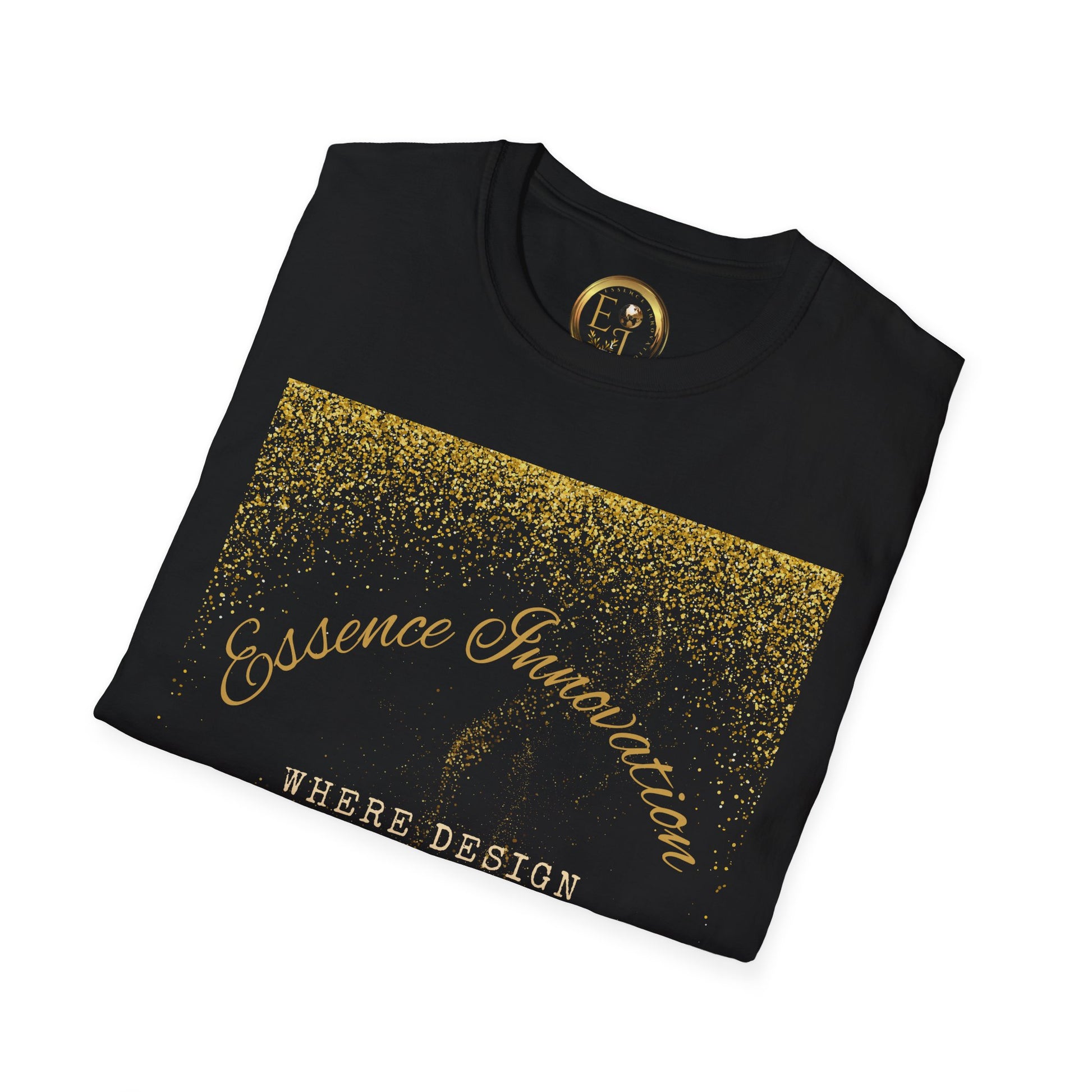 Folded black sweatshirt with gold Essence Innovation 'Design Meets Soul' text and design on a white background