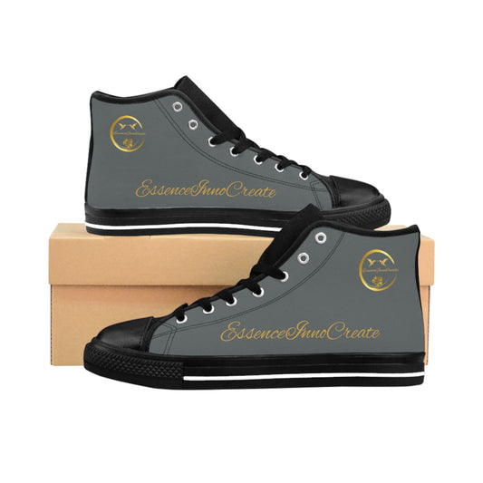 Gray high-top sneakers with black soles and 'EssenceInnoCreate' branding on a white background.