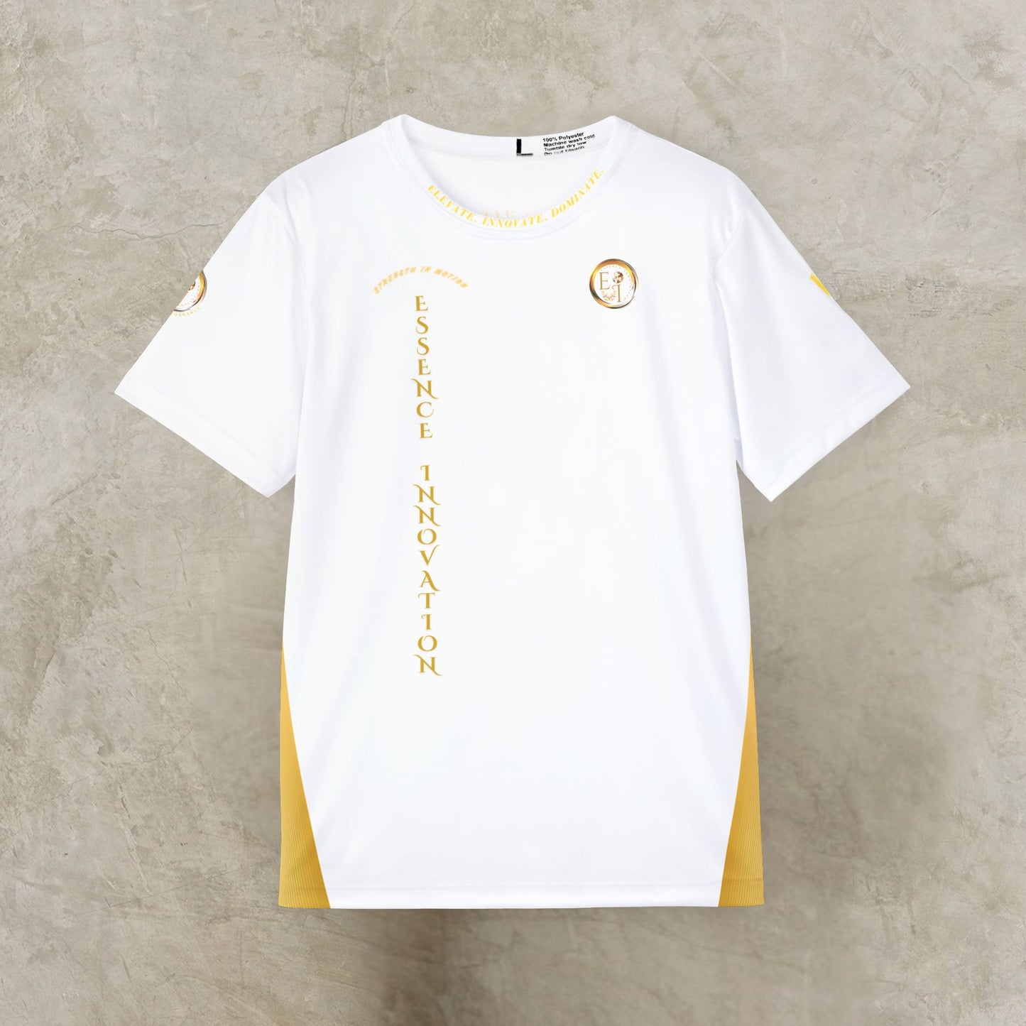 White t-shirt with gold Essence Innovation logo and accents on a textured gray background
