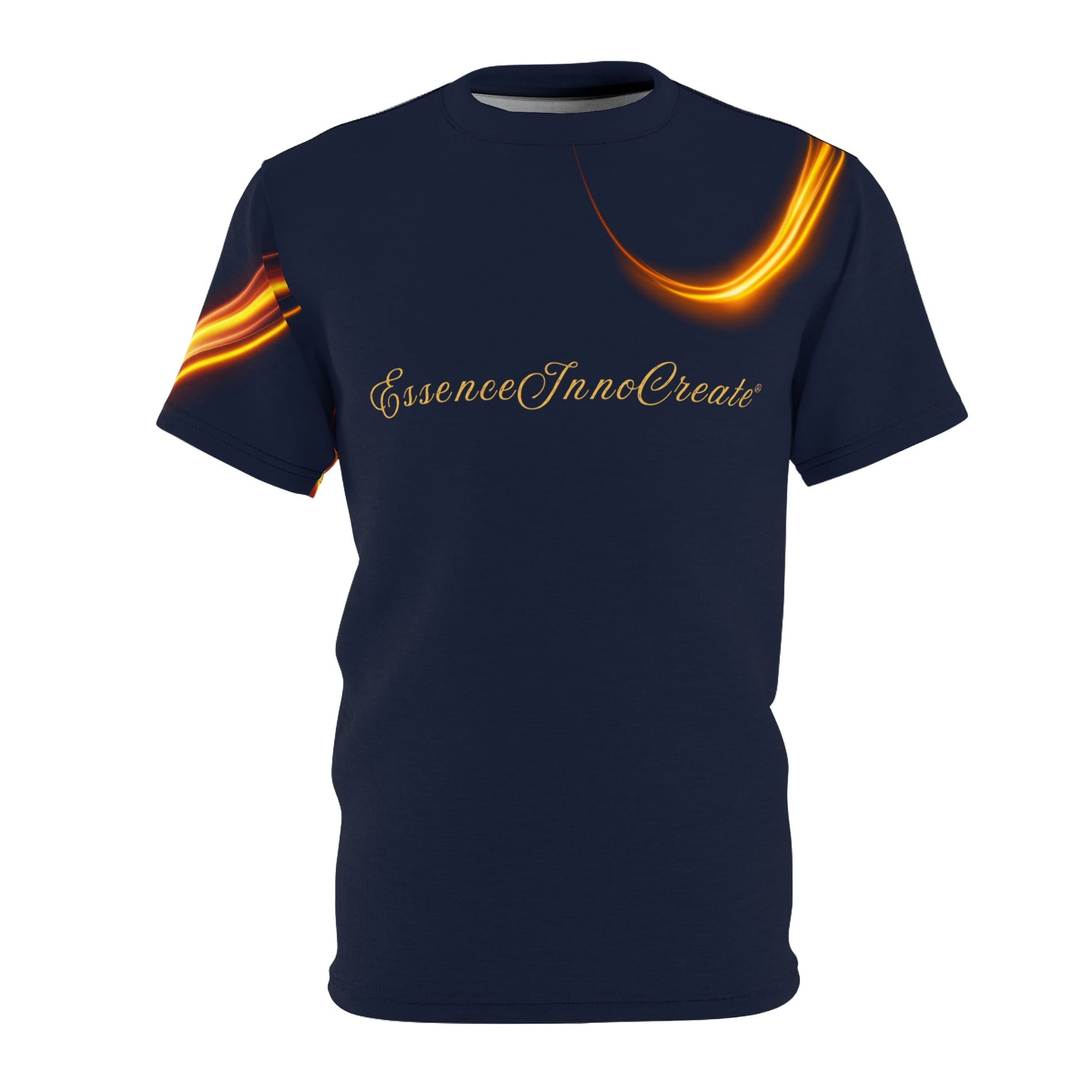 Navy blue t-shirt with 'EssenceInnoCreate' text and flame designs on a white background