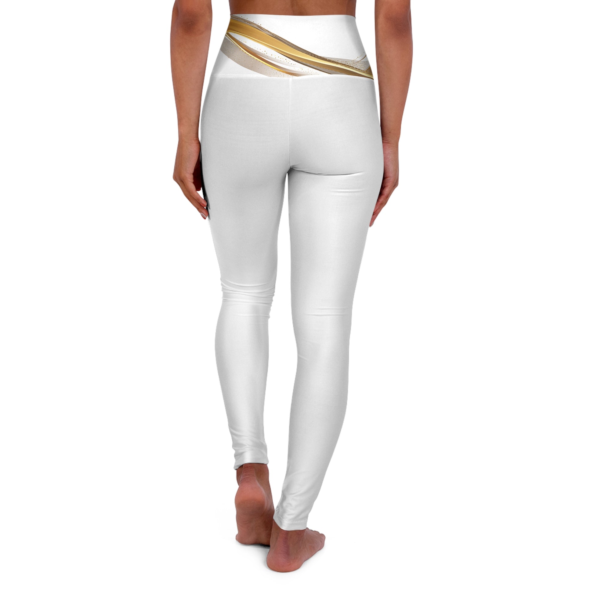 White leggings with gold accents on a white background