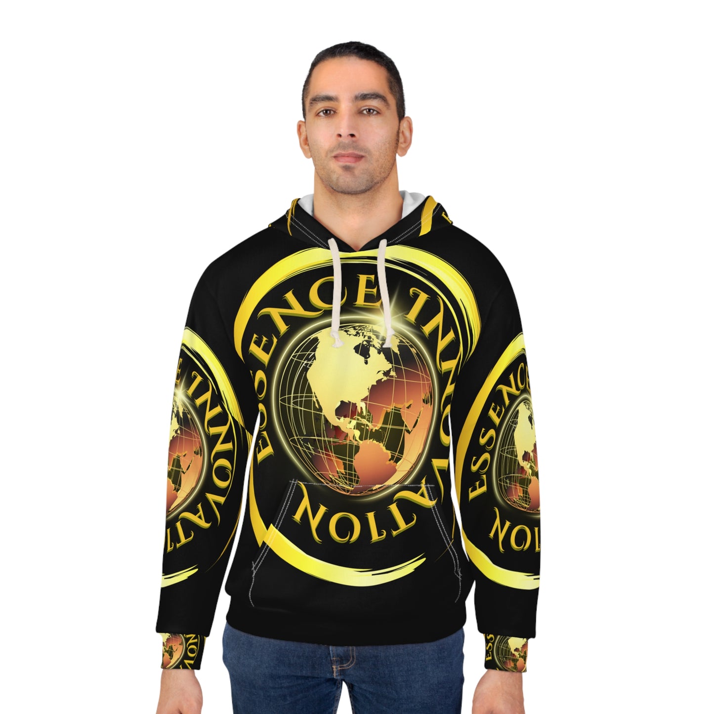 Man wearing a black hoodie with yellow and white designs on a white background