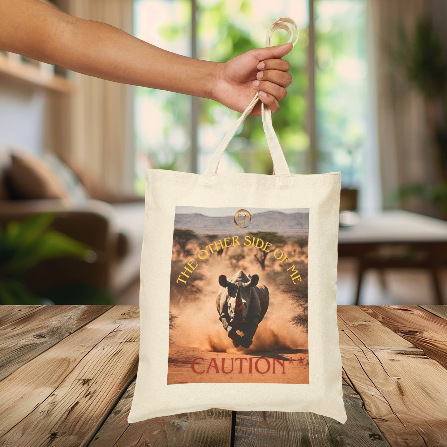 Caution Rhino Cotton Canvas Tote Bag, Eco-Friendly Shopping Bag, Animal Lovers Gift, Beach Tote, Adventure Carryall