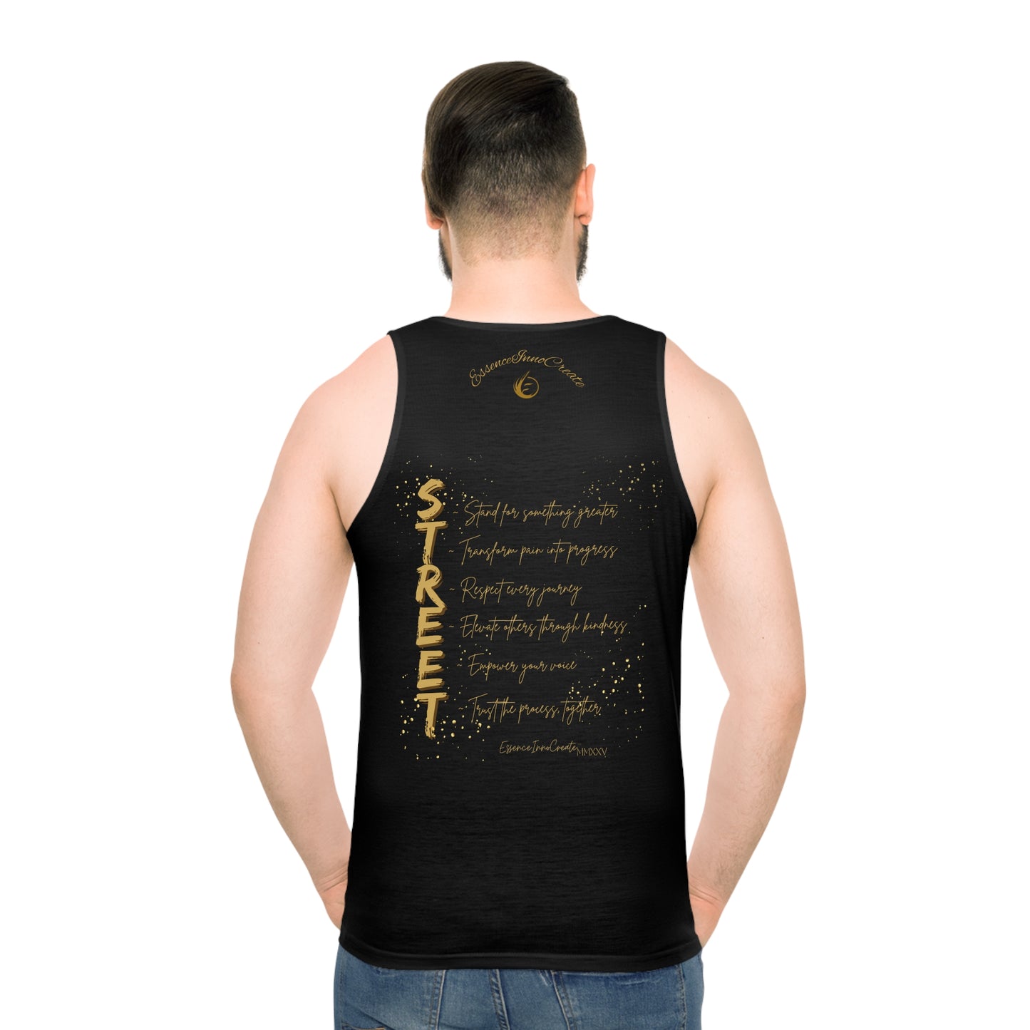 Black EssenceInnoCreate tank top with gold text on a white background