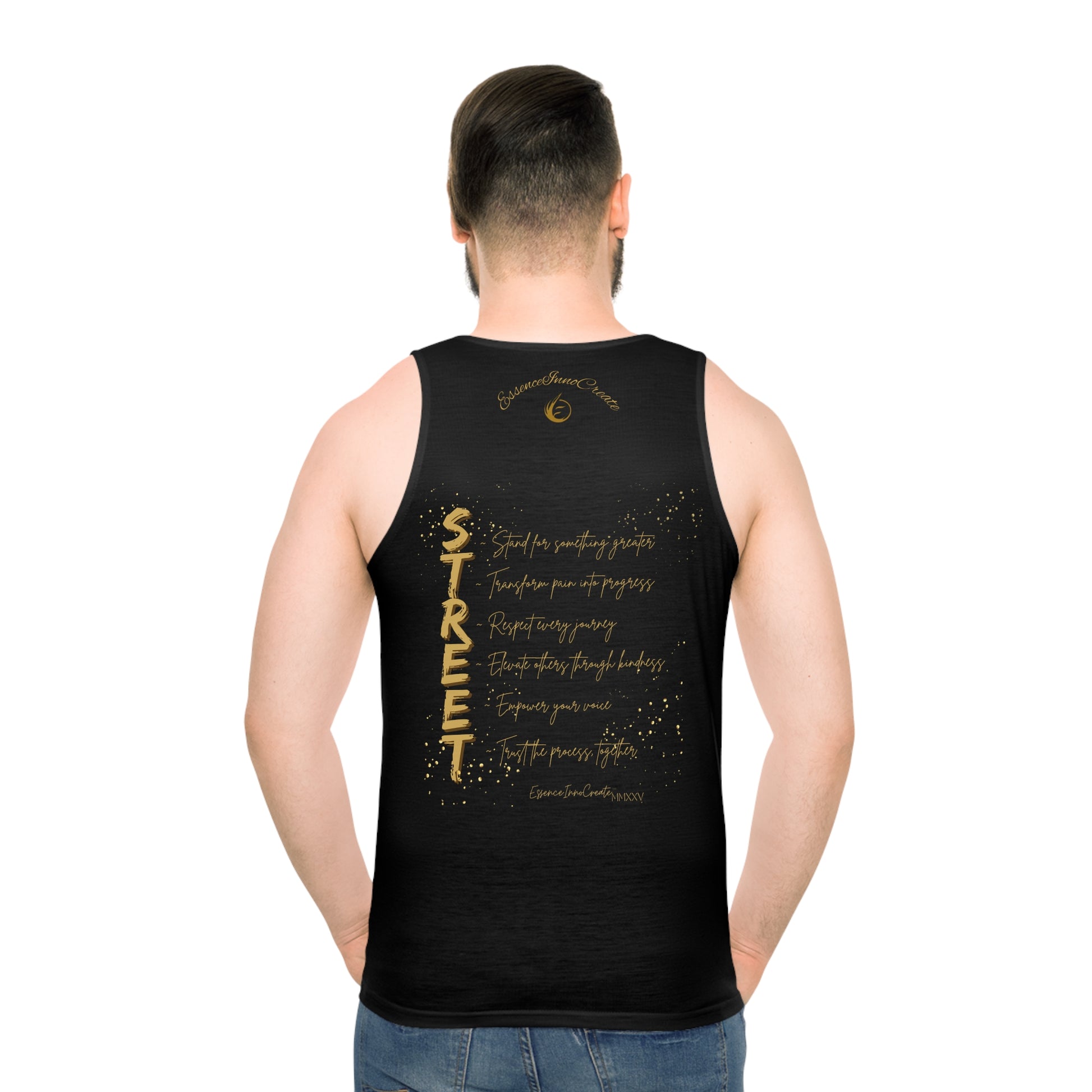 Black EssenceInnoCreate tank top with gold text on a white background