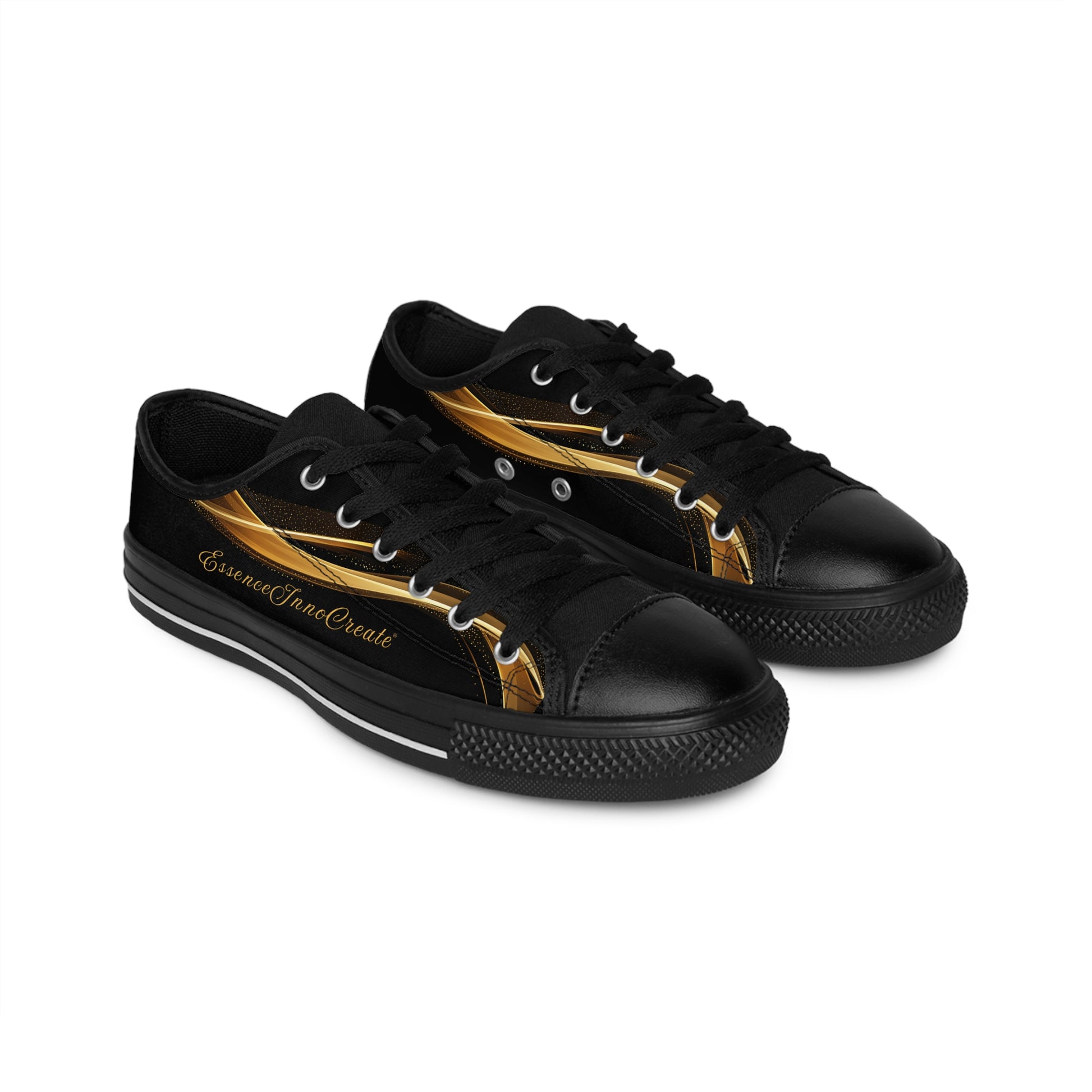 Black 'EssenceInnoCreate' sneakers with yellow patterns on a white background