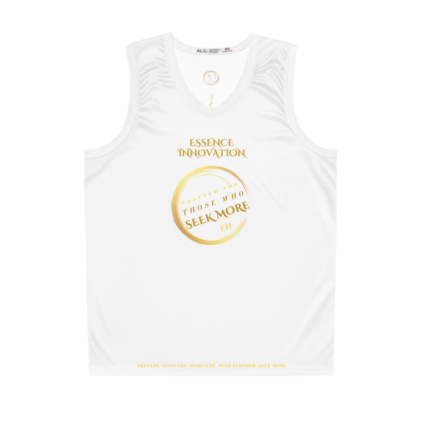 White tank top with gold Essence Innovation Seek More text on a white background
