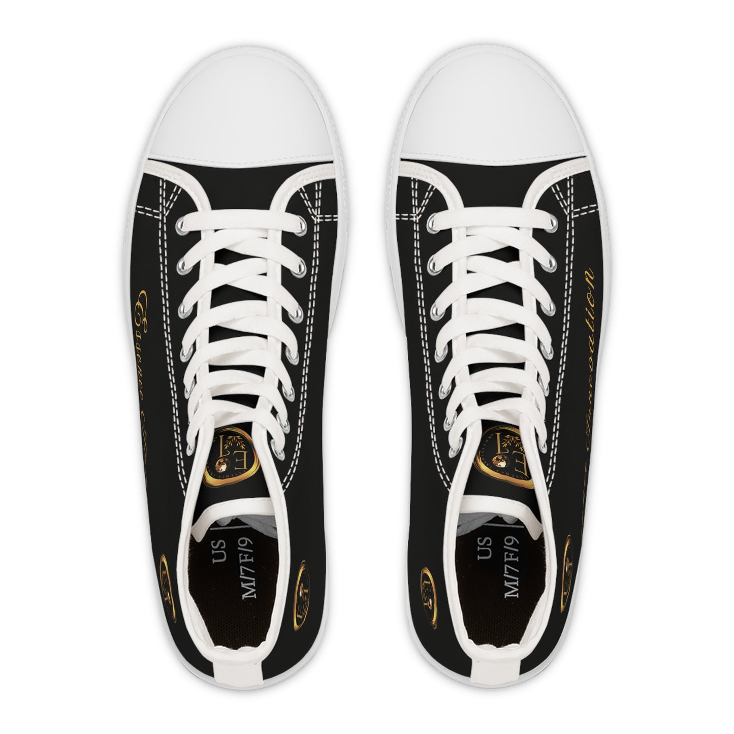 Black 'Essence Innovation' sneakers with white laces on a white background