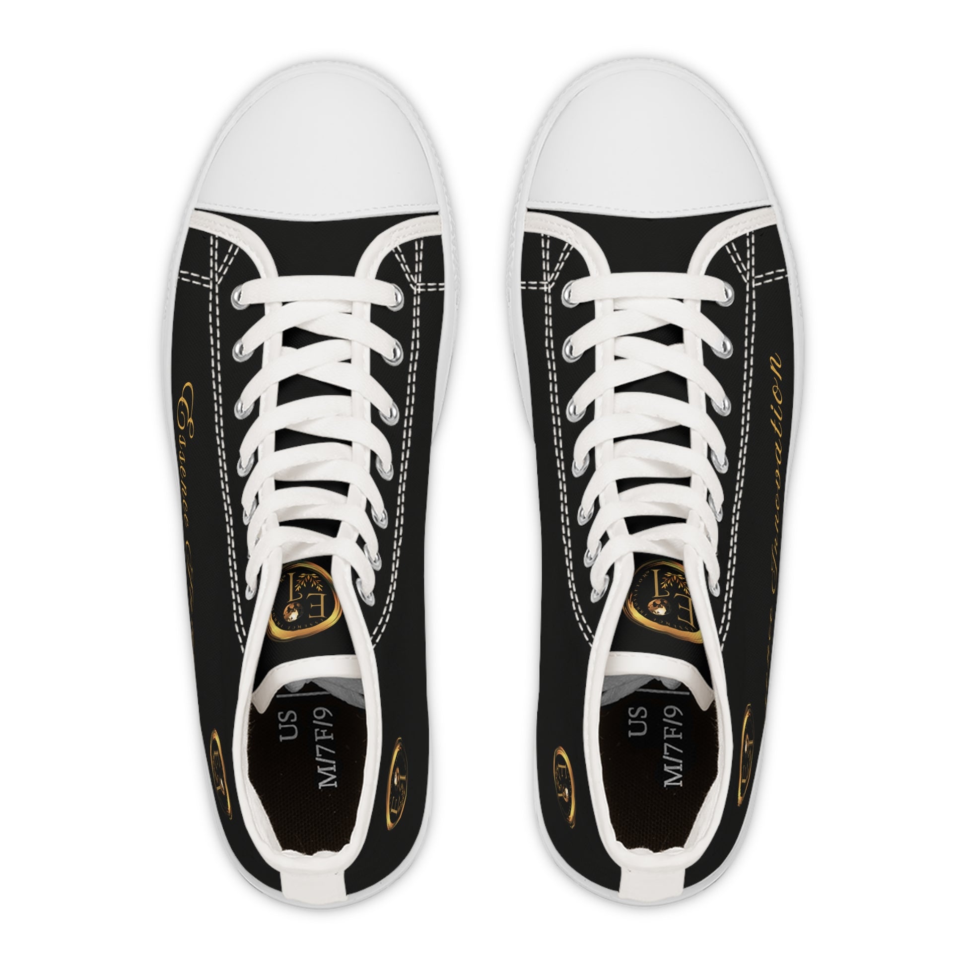 Black 'Essence Innovation' sneakers with white laces on a white background