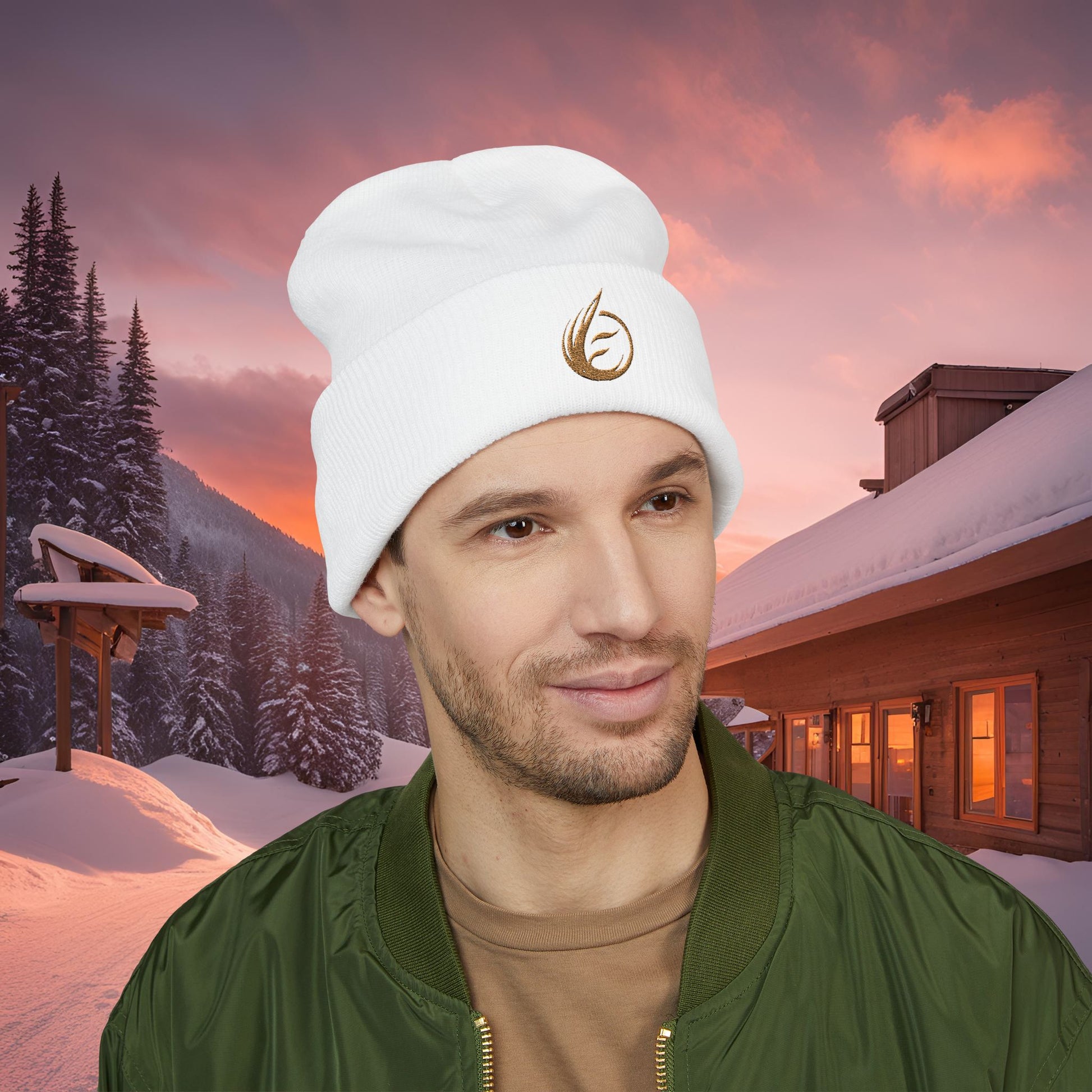 Man wearing a white beanie with a  EssenceInnoCreate logo in a snowy landscape with a cabin.