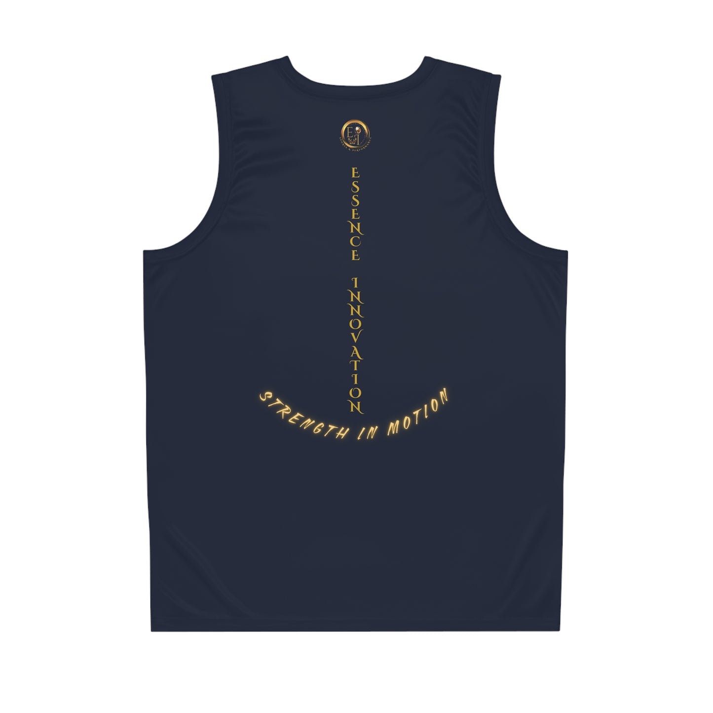 Navy tank top with gold text on a white background