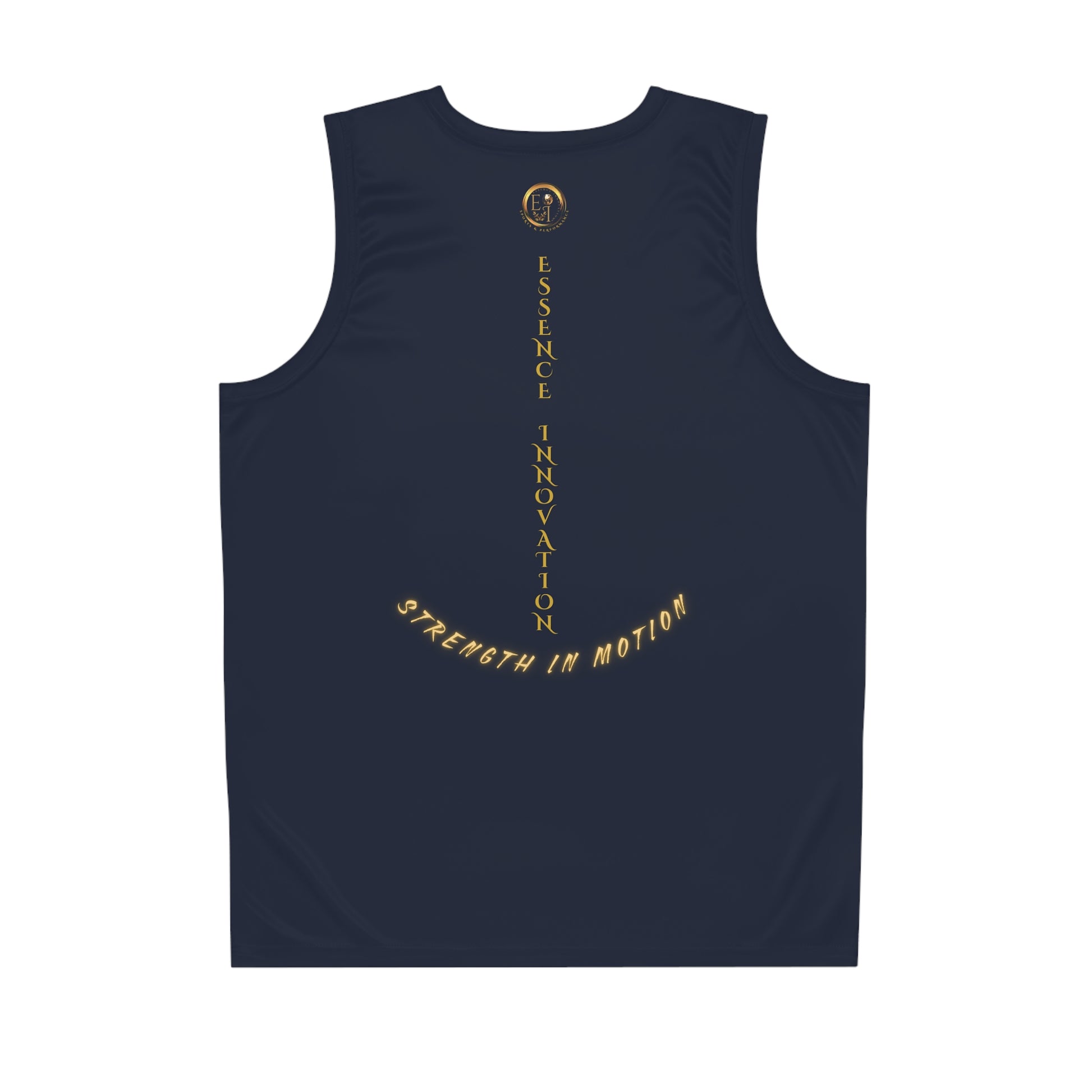 Navy tank top with gold text on a white background