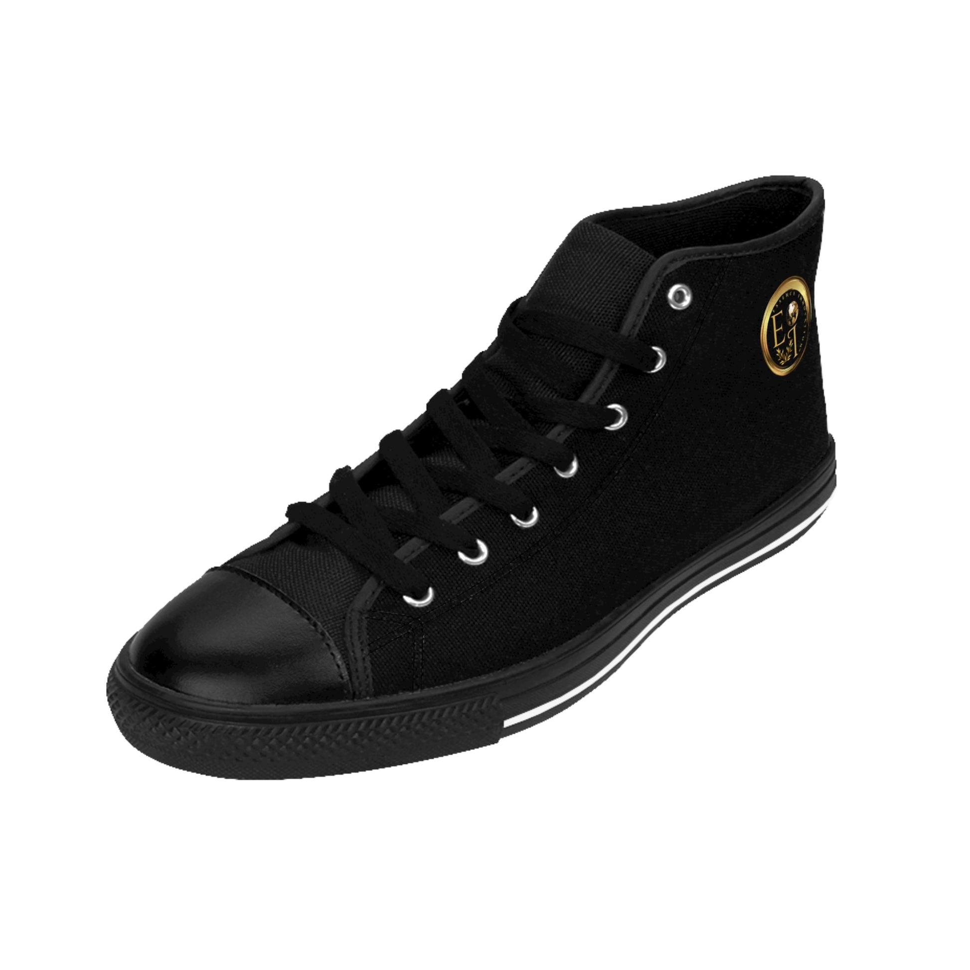 Black high-top 'Essence Innovation' sneaker with a gold logo on a white background