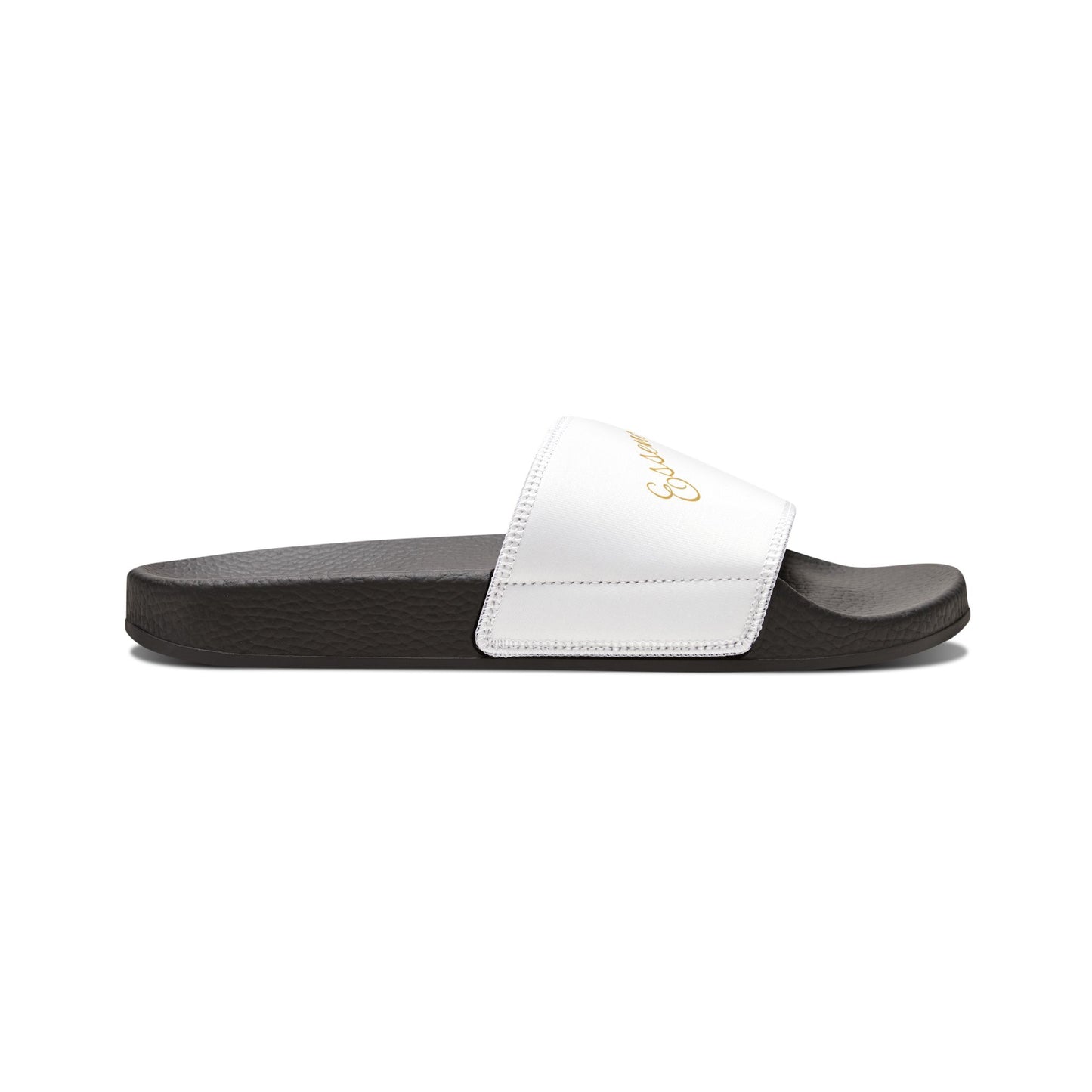 Black EssenceInnoCreate slides sandal with a colorful logo on a white background