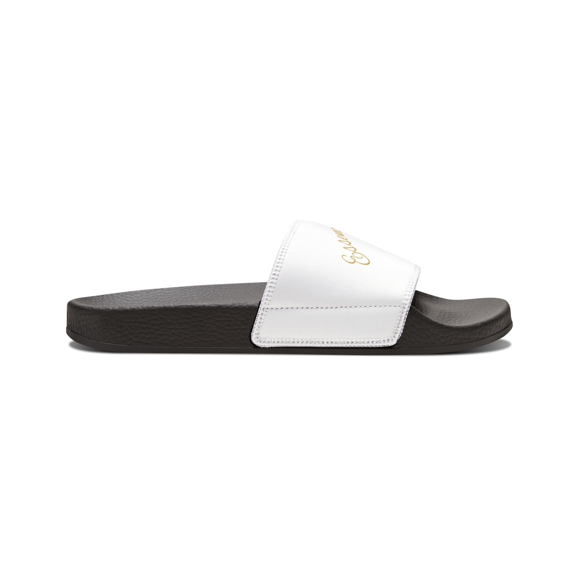 Black EssenceInnoCreate slides sandal with a colorful logo on a white background