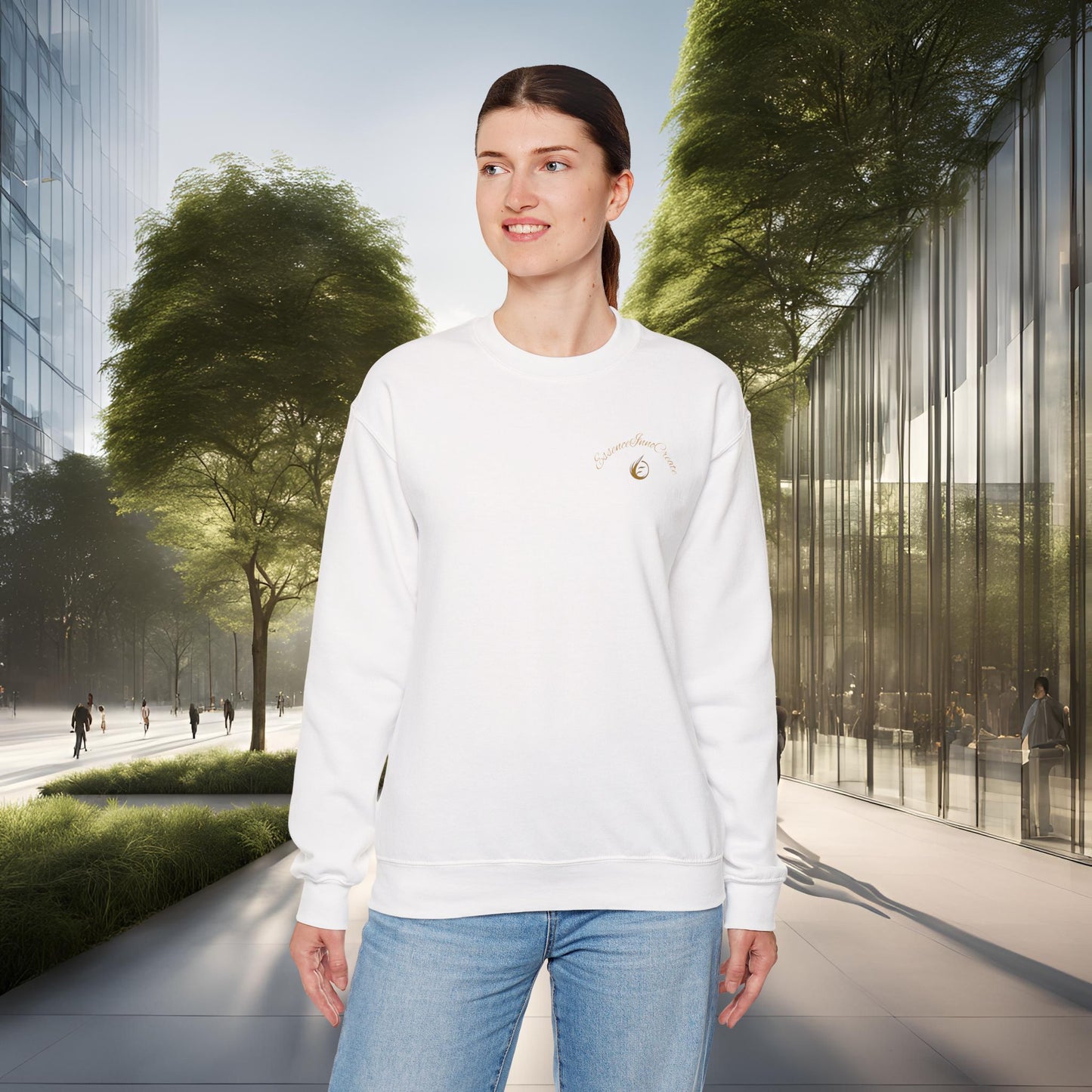 Woman wearing a white sweatshirt with 'EssenceInnoCreate' logo in an urban setting