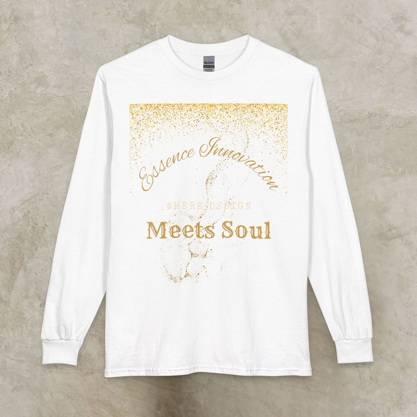 White long-sleeve shirt with gold Essence Innovation 'Design Meets Soul' text on a gray background