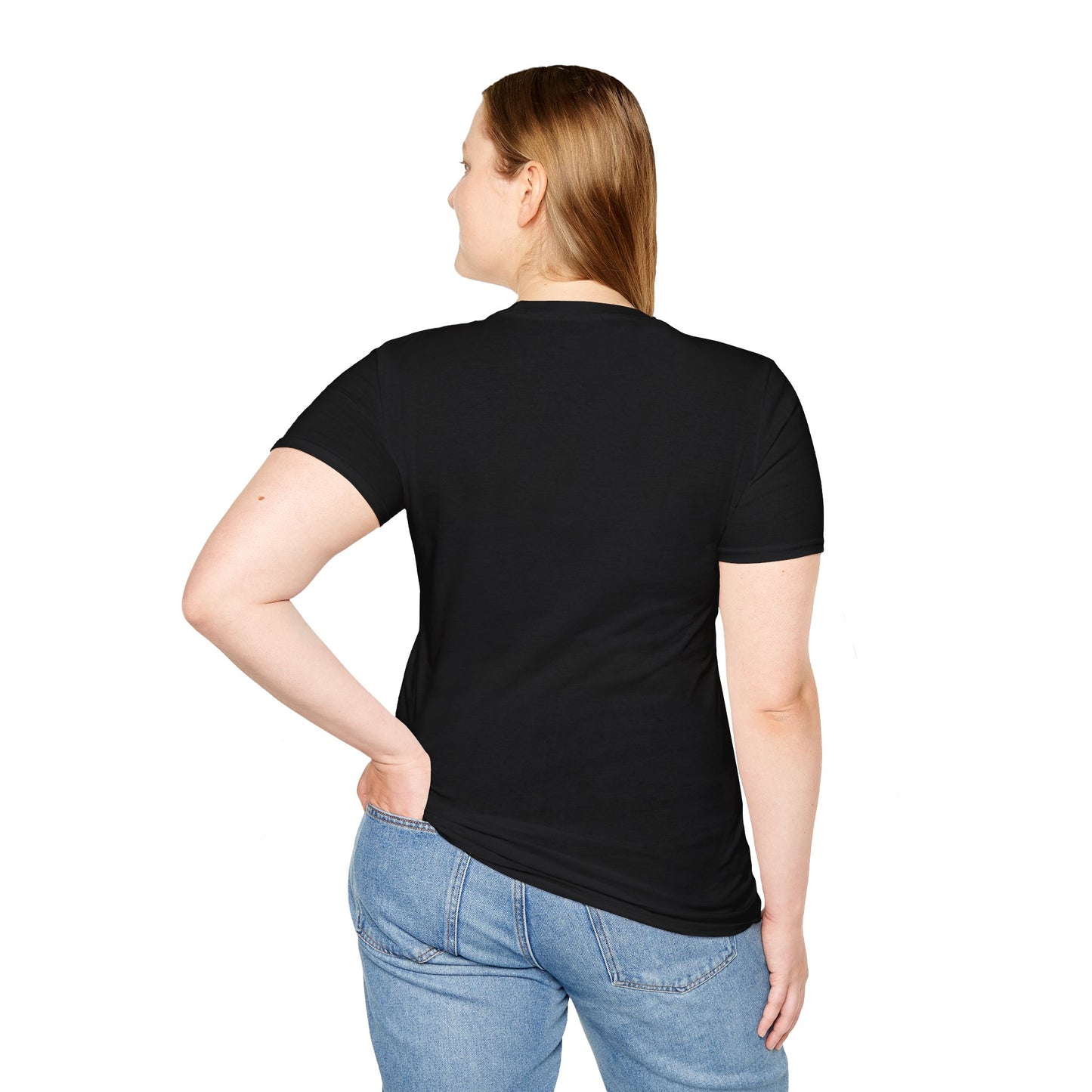Person wearing an Essence Innovation Bohemian Butterfly black t-shirt and blue jeans on a white background
