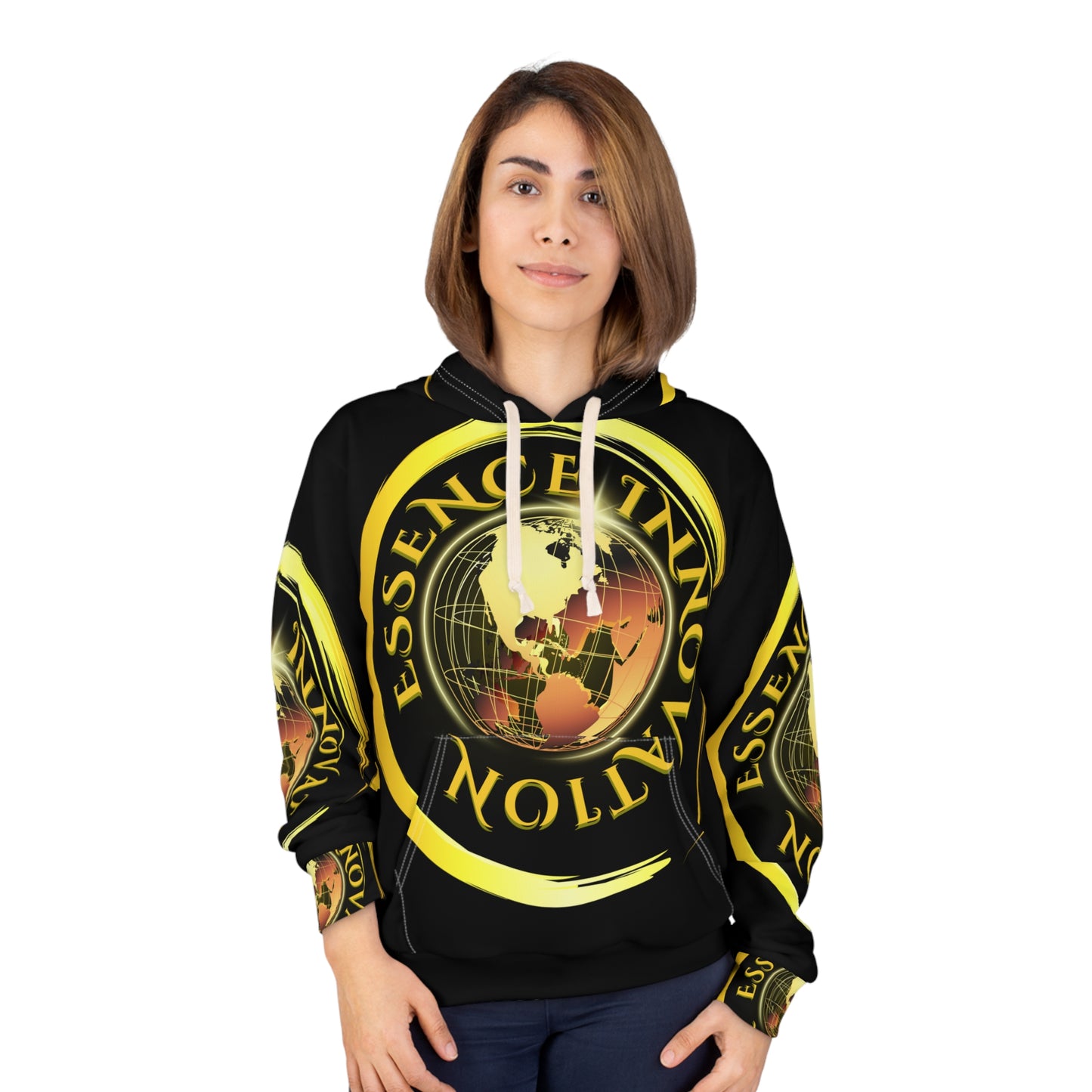Person wearing a black hoodie with yellow and white text and graphics on a white background