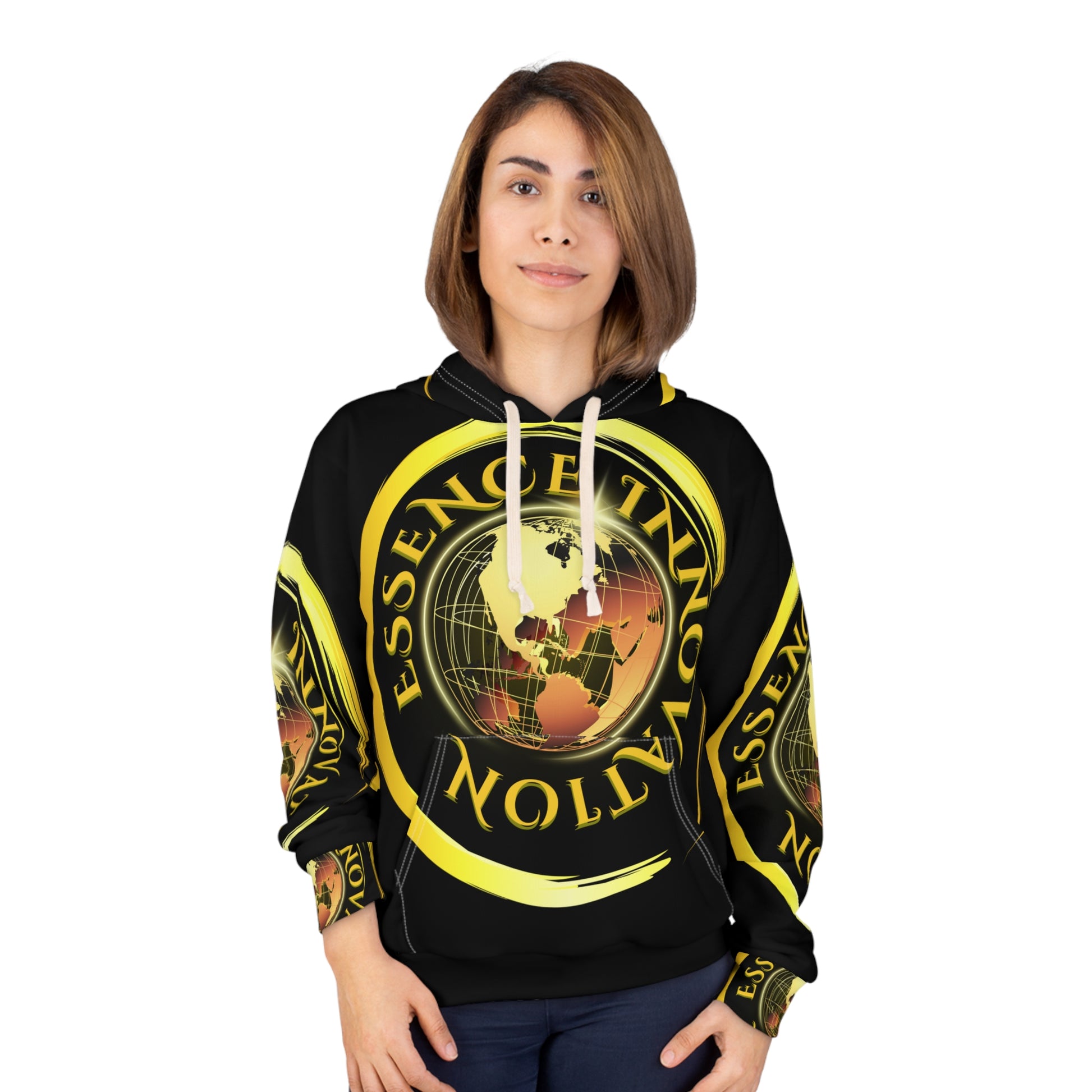 Person wearing a black hoodie with yellow and white text and graphics on a white background